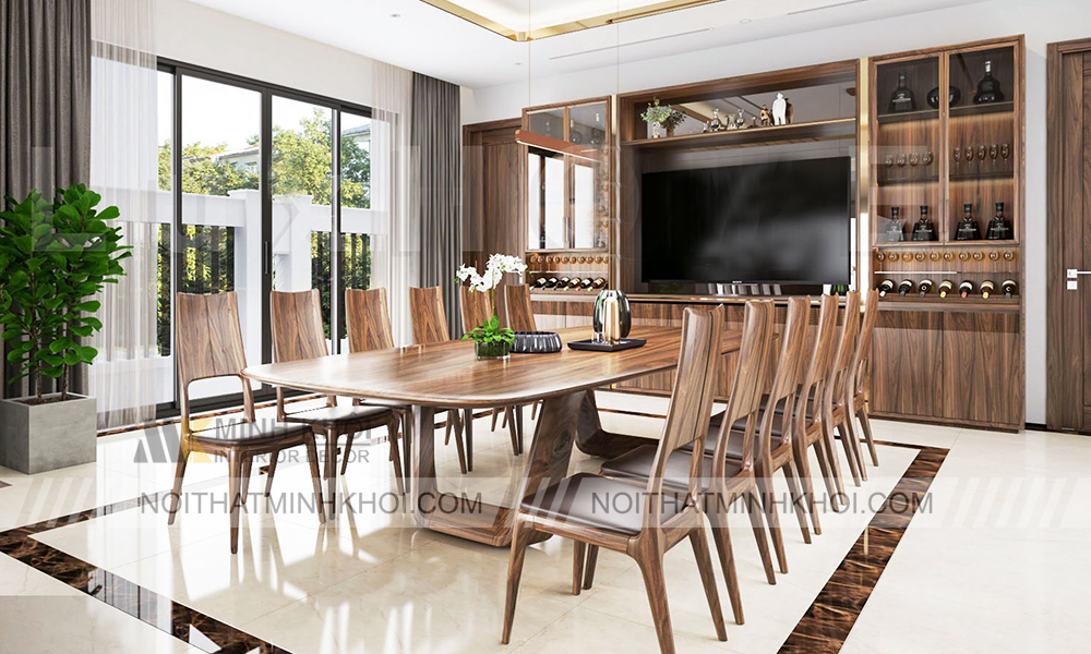 Bàn ăn gỗ óc chó tự nhiên 12 ghế ngồi hiện đại
