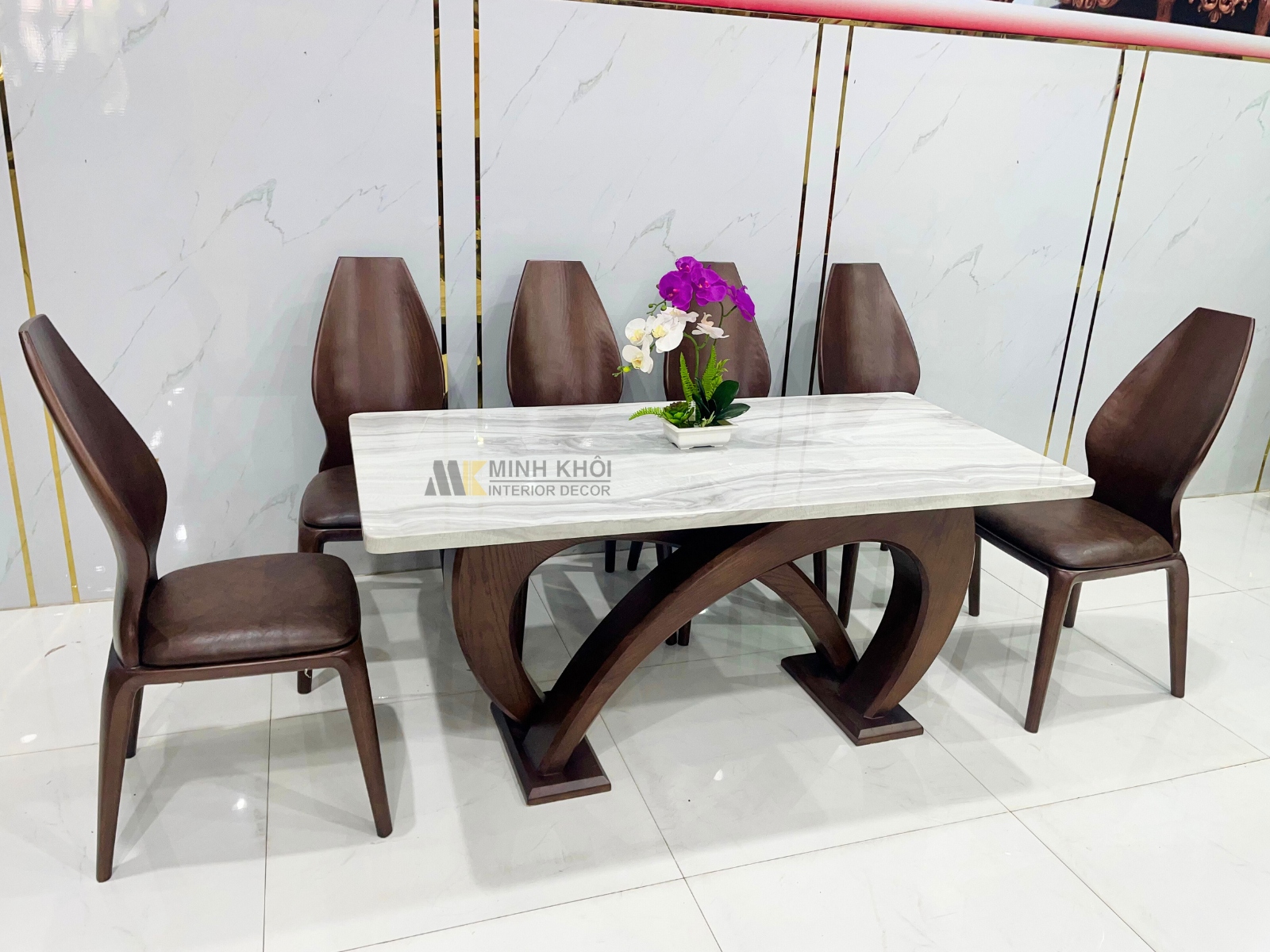 Bàn Ăn Hiện Đại Gỗ Sồi Chân Chữ Chanel 6 Ghế - BA915