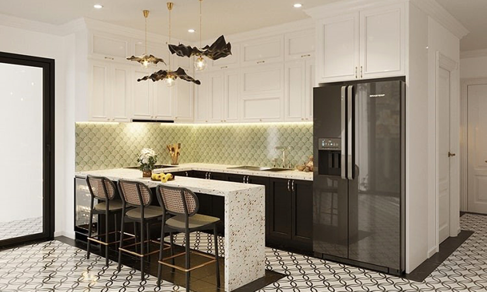 Bàn ăn kết hợp với bếp có bề mặt đá tự nhiên