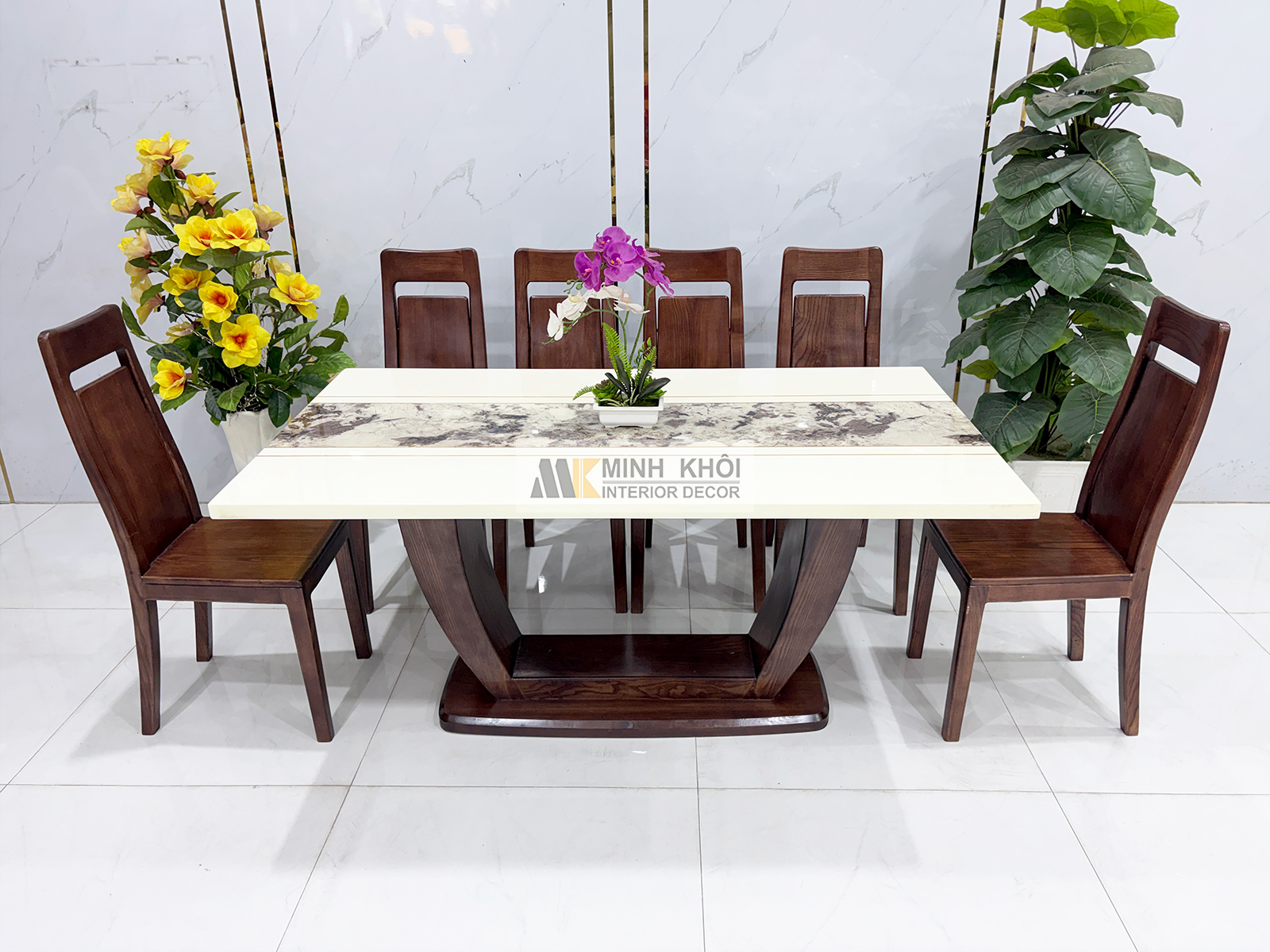 Bàn Ăn Mặt Đá Gỗ Sồi Phủ Óc Chó Chân U - BA287