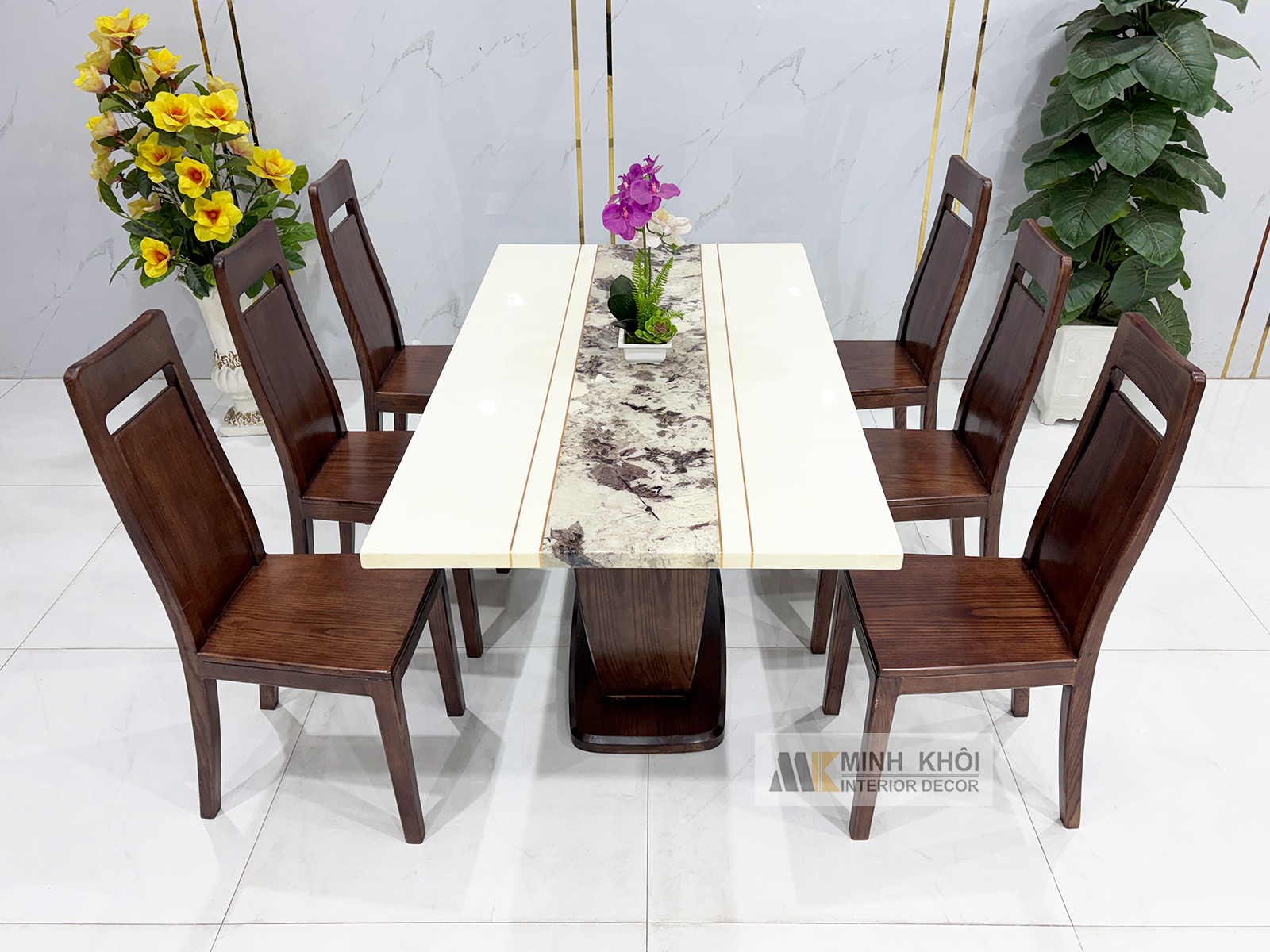 Bàn Ăn Mặt Đá Gỗ Sồi Phủ Óc Chó Chân U - BA287