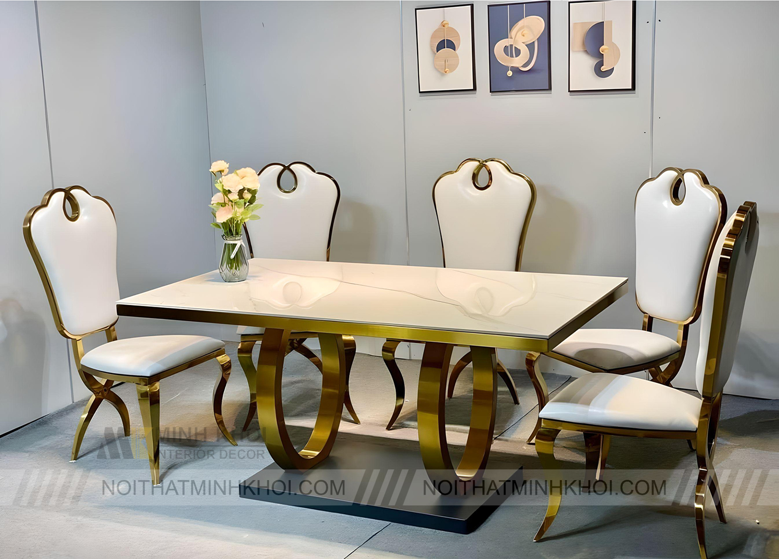 Bàn Ăn Mặt Đá Inox Mạ PVD Vàng Bóng Cao Cấp - BA249