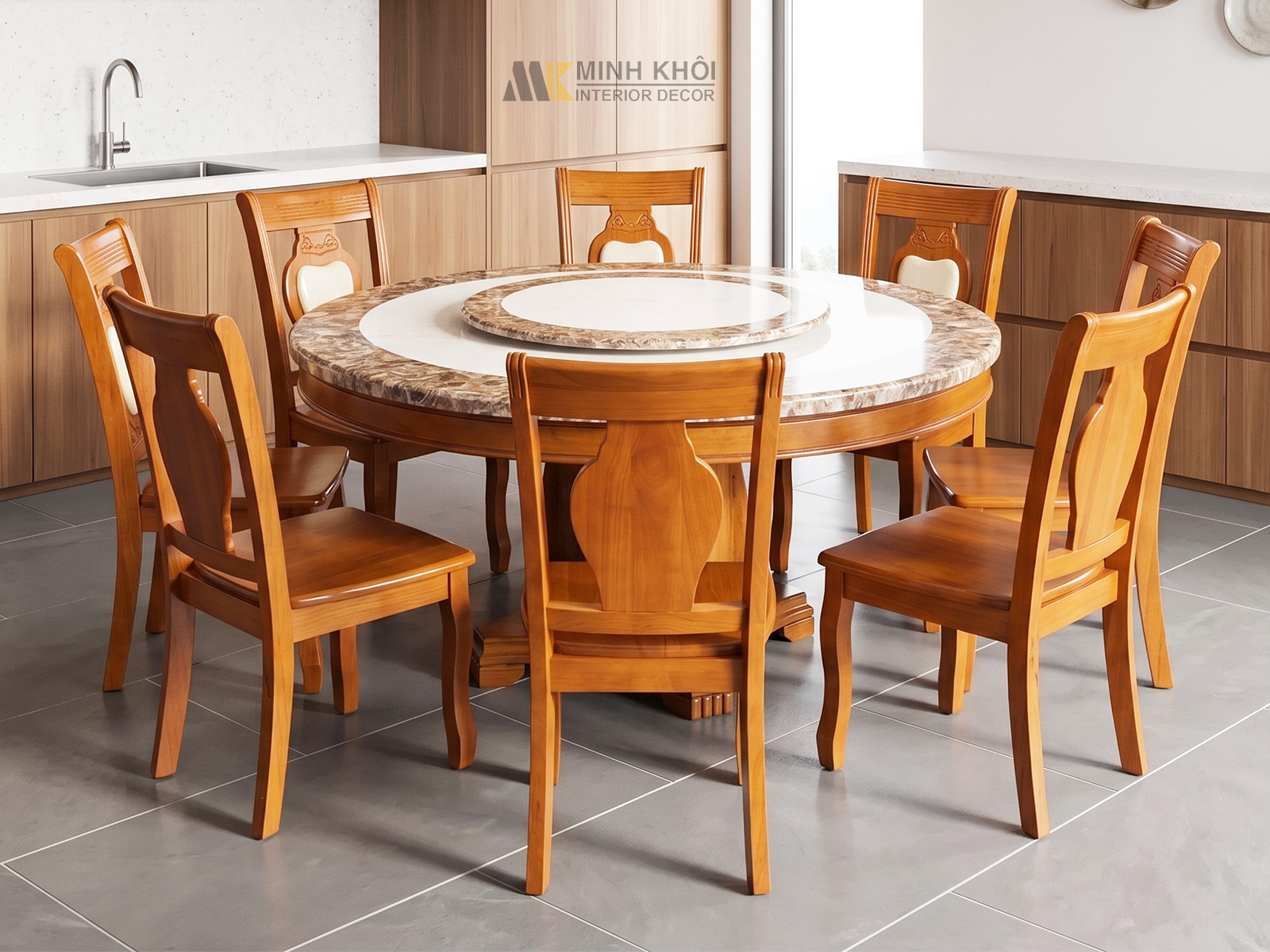 Bàn Ăn Tròn Mặt Đá Mâm Xoay 8 Ghế - BA306