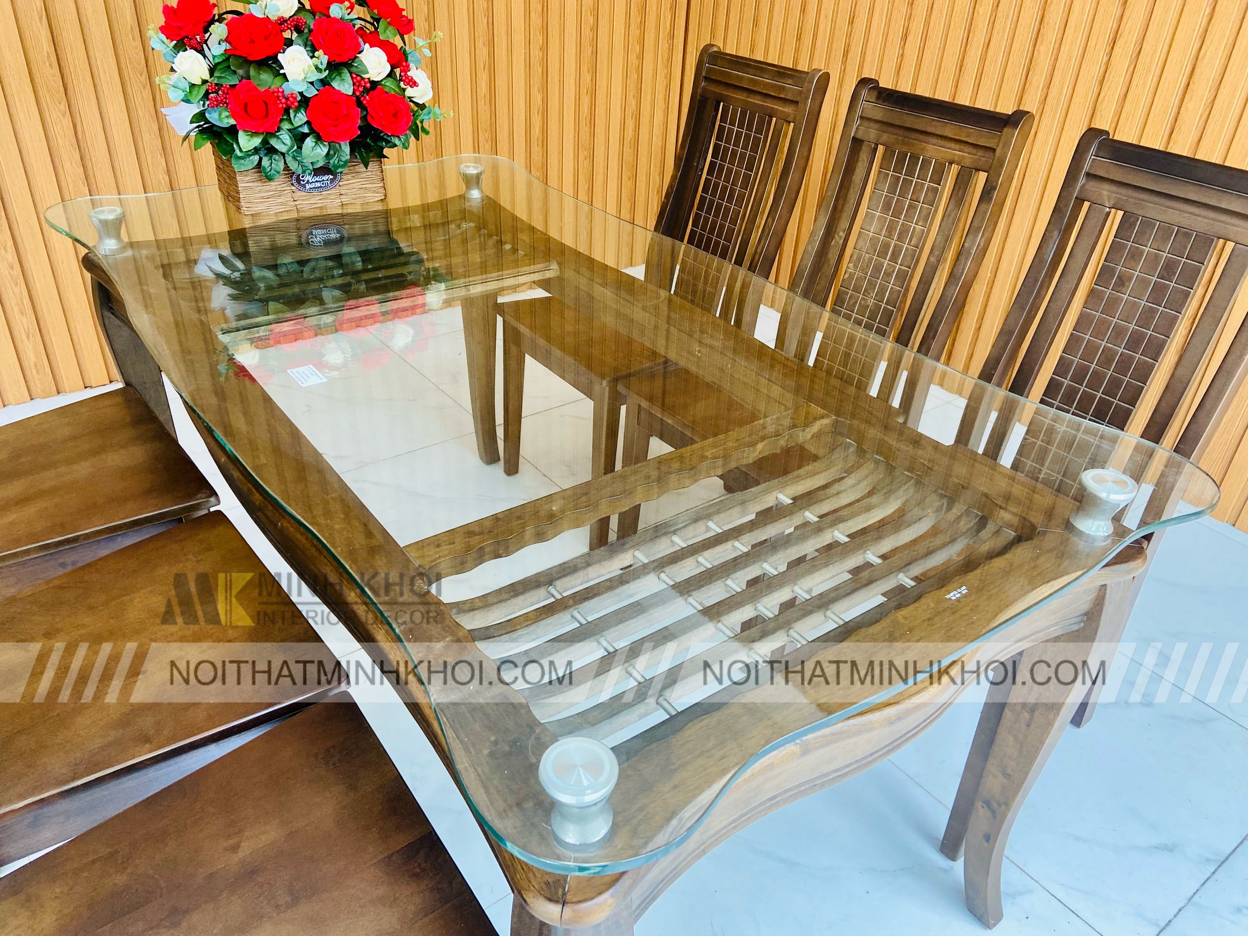 Bàn Ăn Óc Chó Mặt Kính 6 Ghế 2 Tầng - BA242