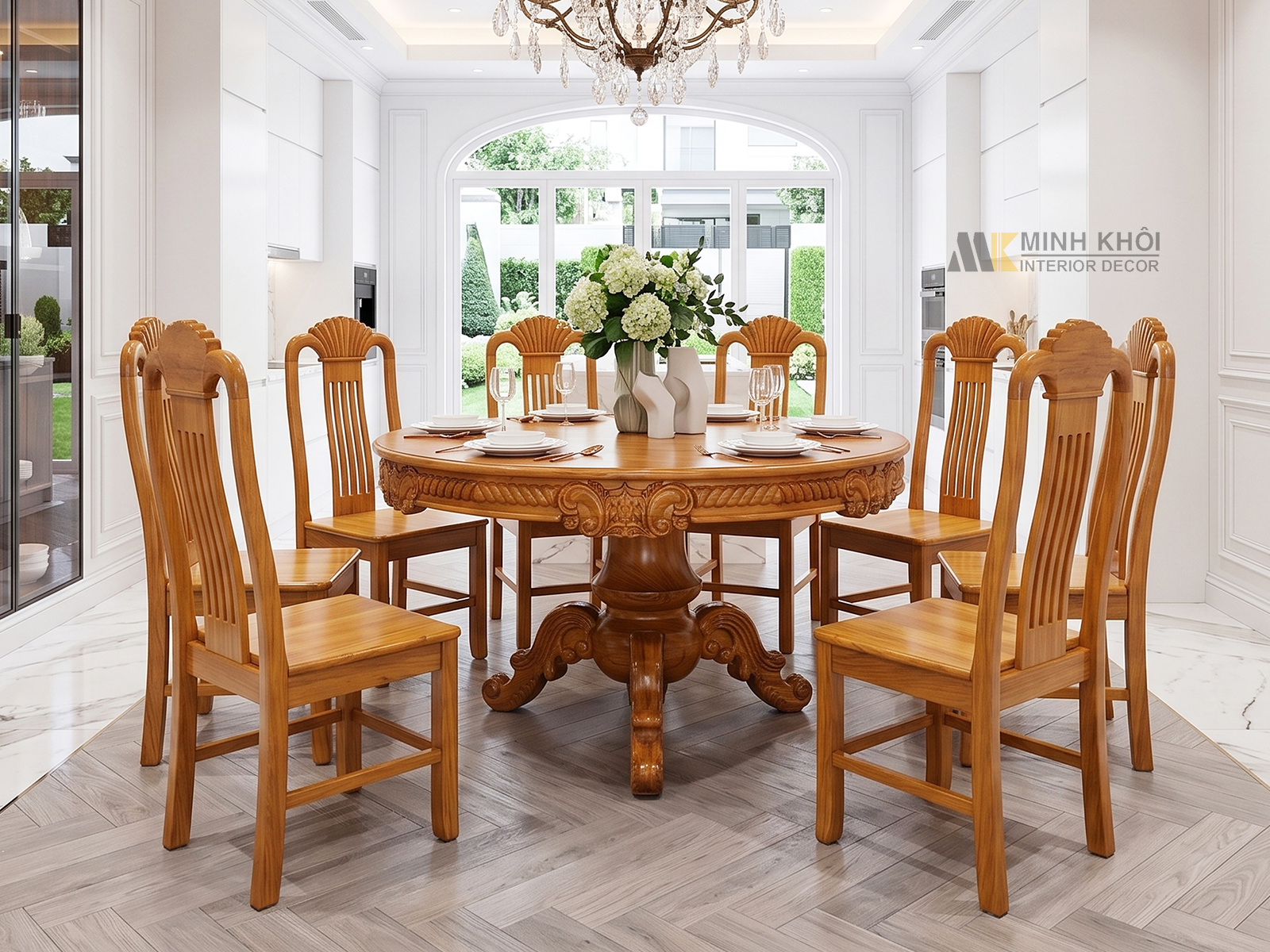 Bàn Ăn Tròn Gỗ Gõ Đỏ 8 Ghế Sọc Cao Cấp - BA935