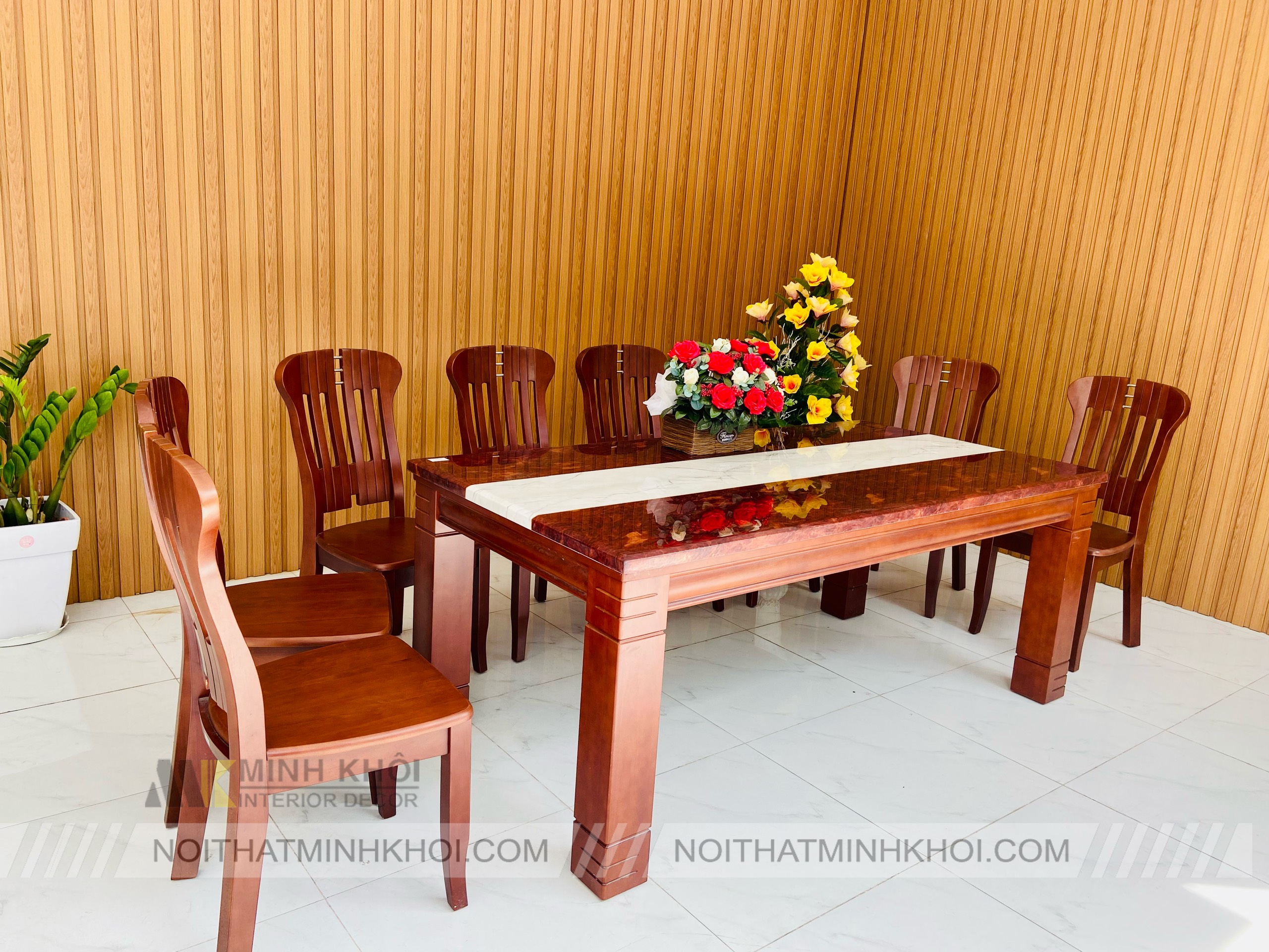 Bàn Ăn Xoan Đào Mặt Đá 8 Ghế 1m9 - BA230