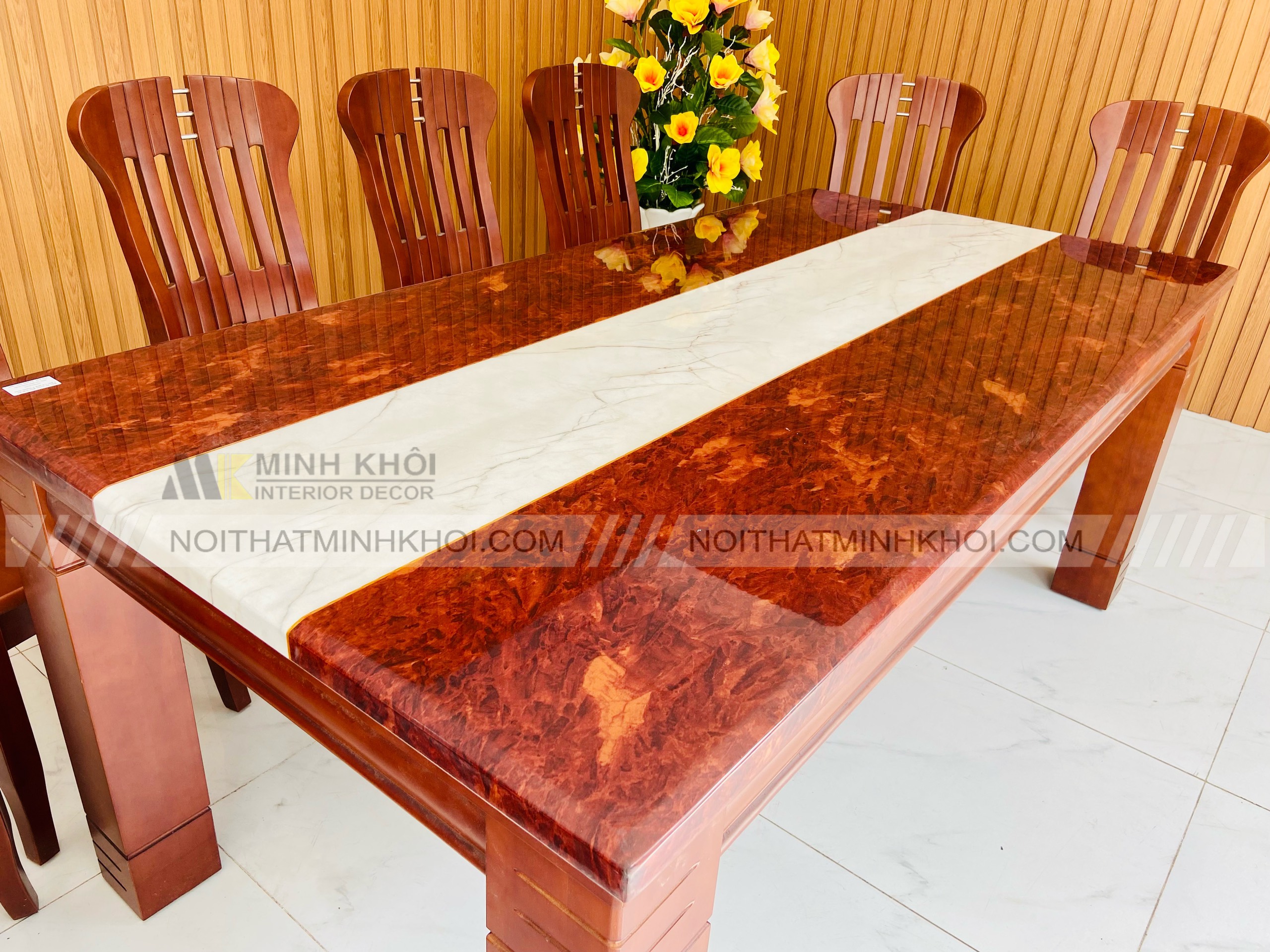 Bàn Ăn Xoan Đào Mặt Đá 8 Ghế 1m9 - BA230