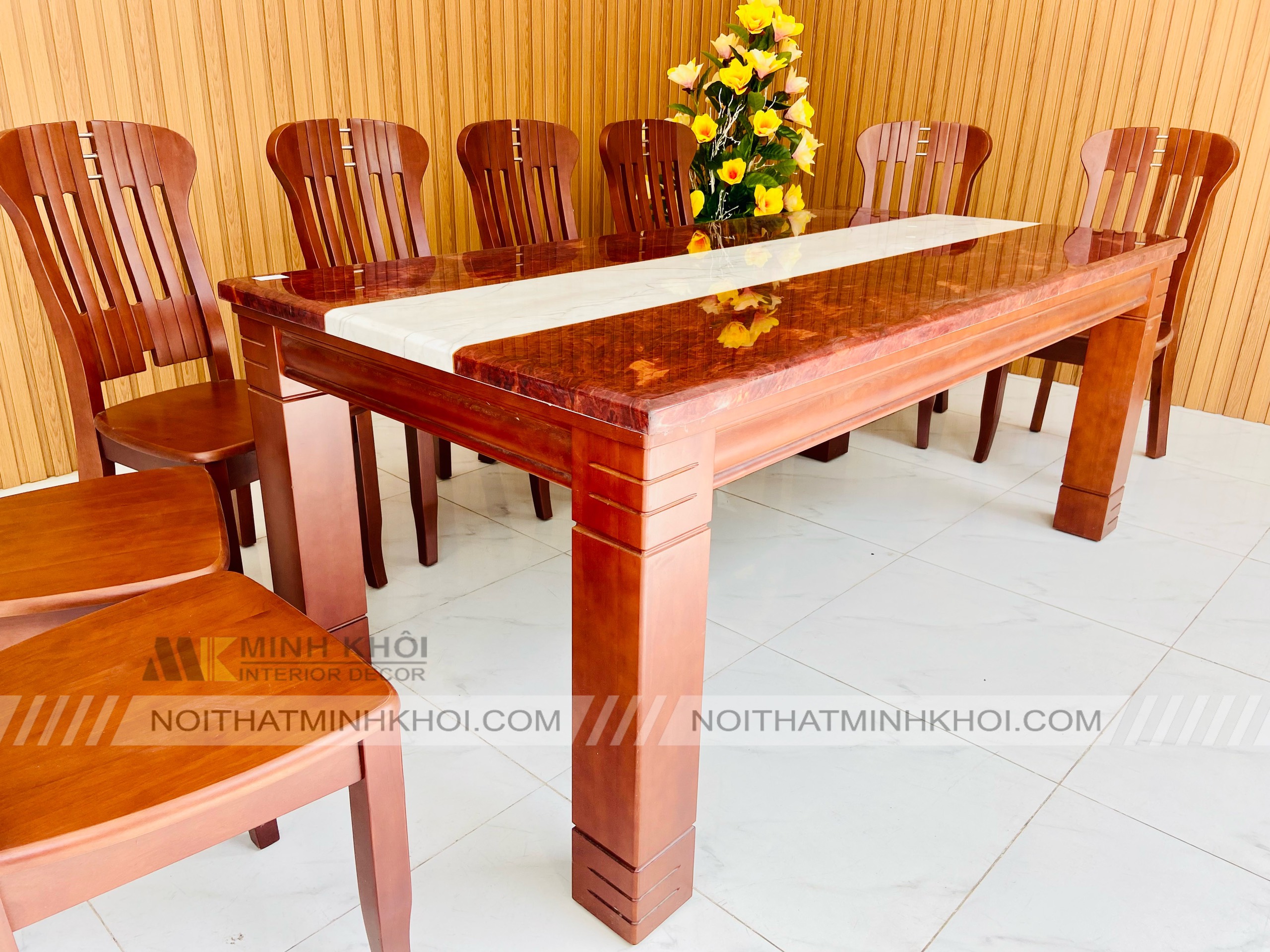 Bàn Ăn Xoan Đào Mặt Đá 8 Ghế 1m9 - BA230