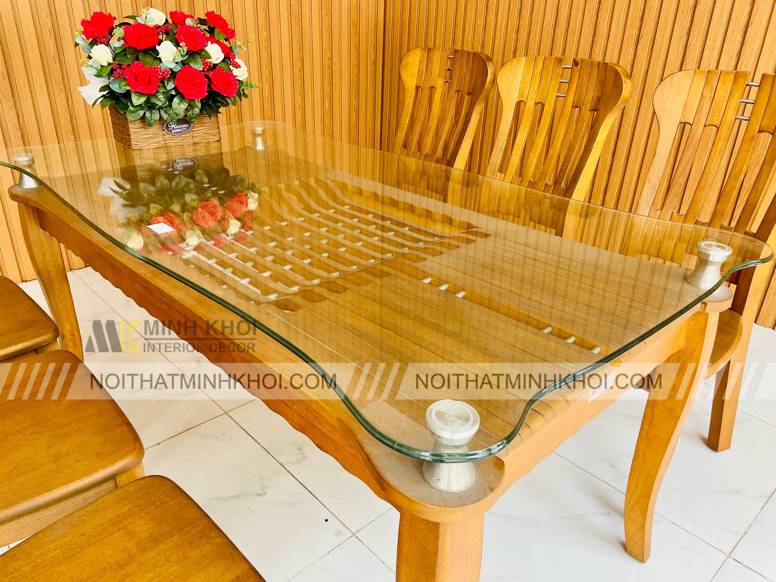 Bàn ăn xoan đào mặt kính 6 ghế - BA235