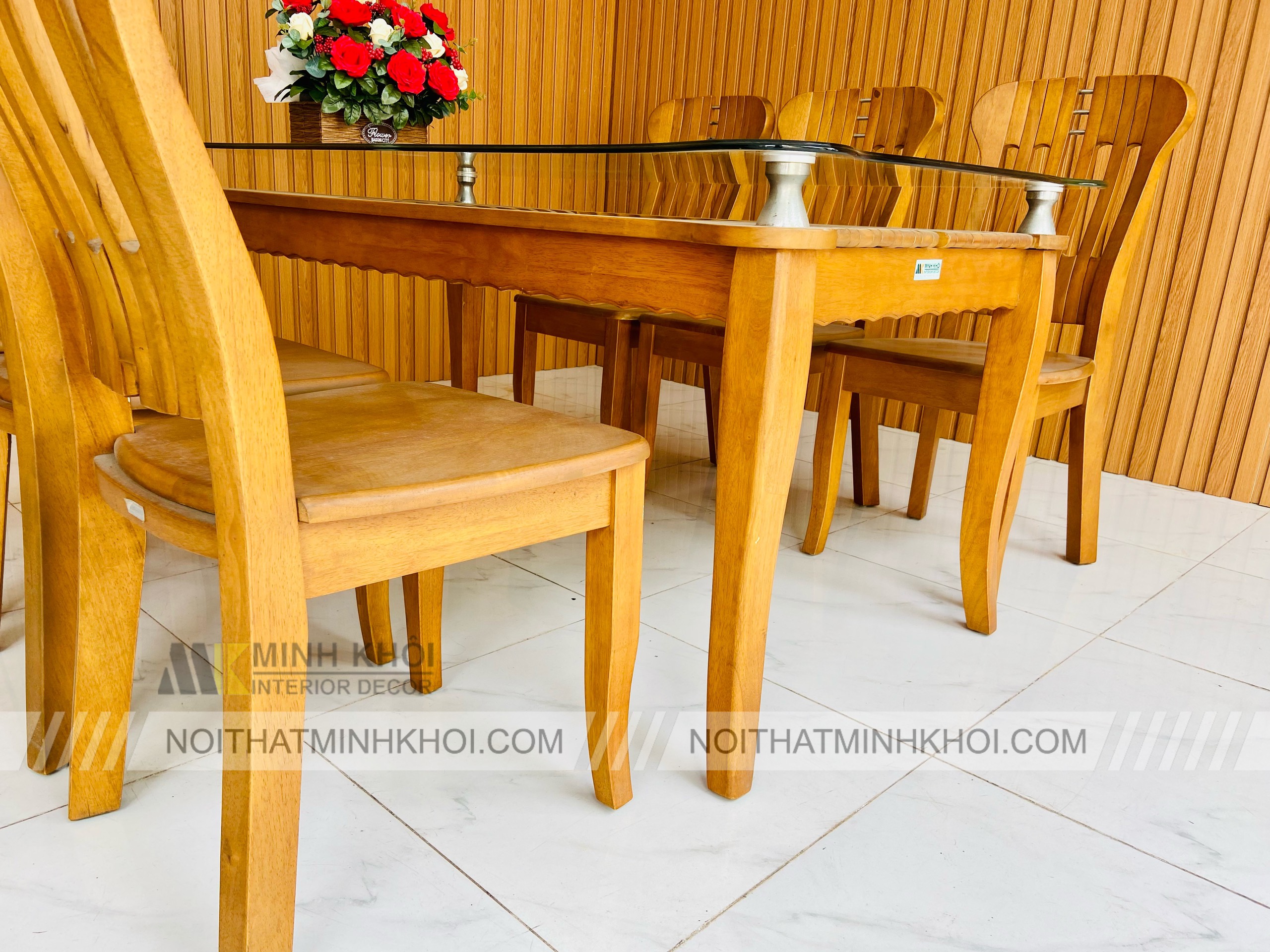 Bàn ăn xoan đào mặt kính 6 ghế - BA235