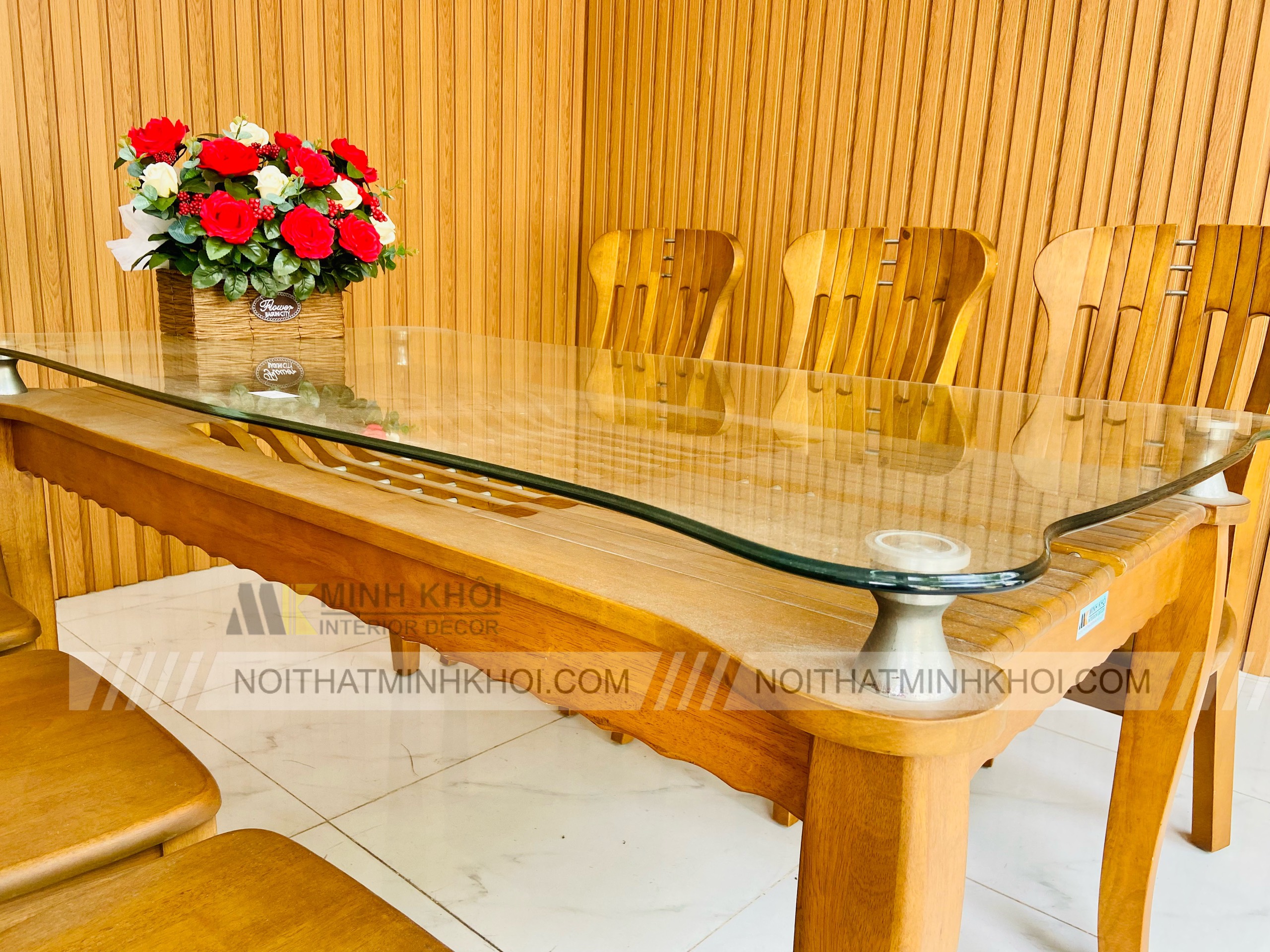 Bàn ăn xoan đào mặt kính 6 ghế - BA235