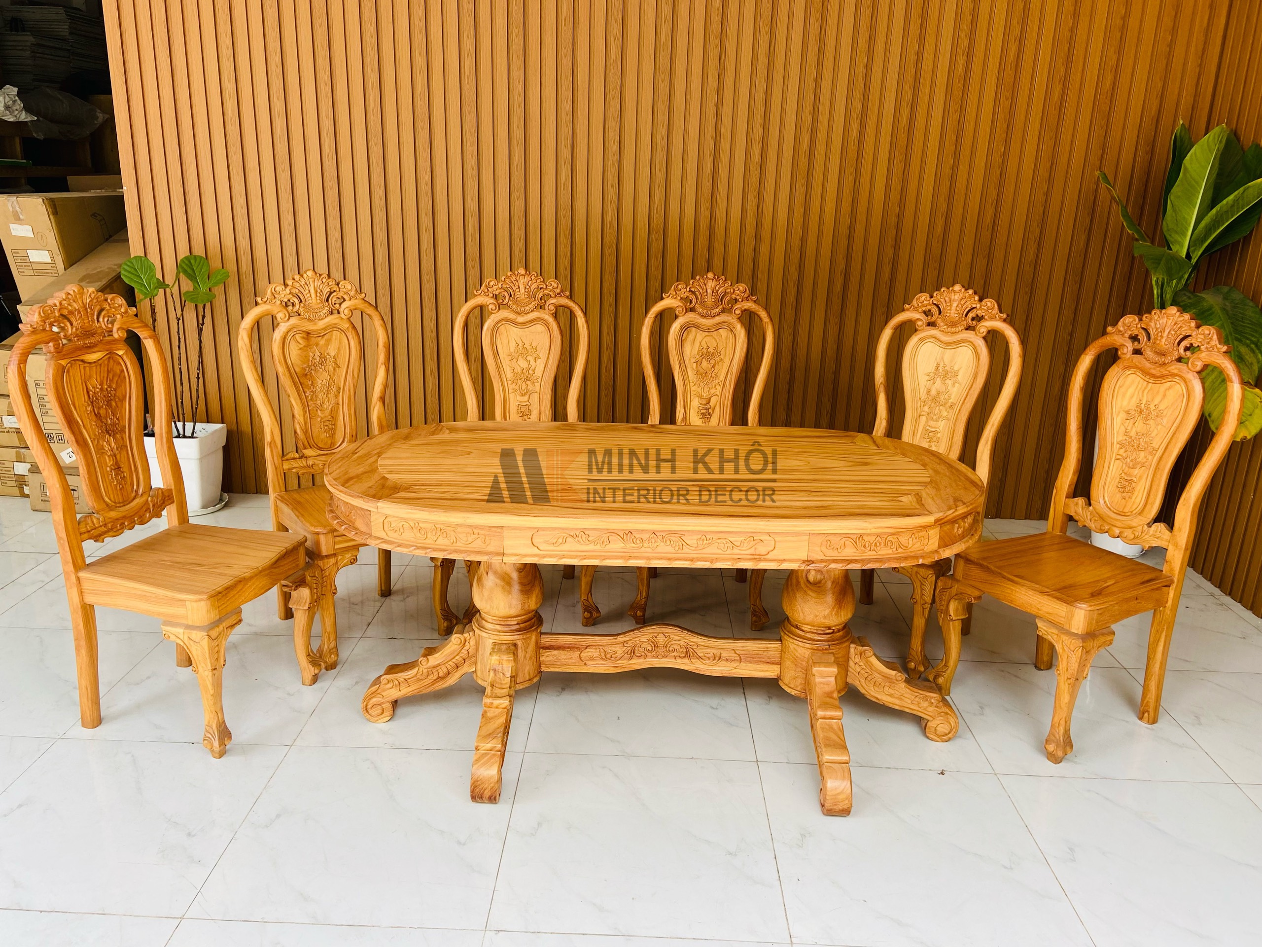 Bàn Ghế Ăn Gõ Đỏ 6 Ghế Mặt Bàn Oval - BA911