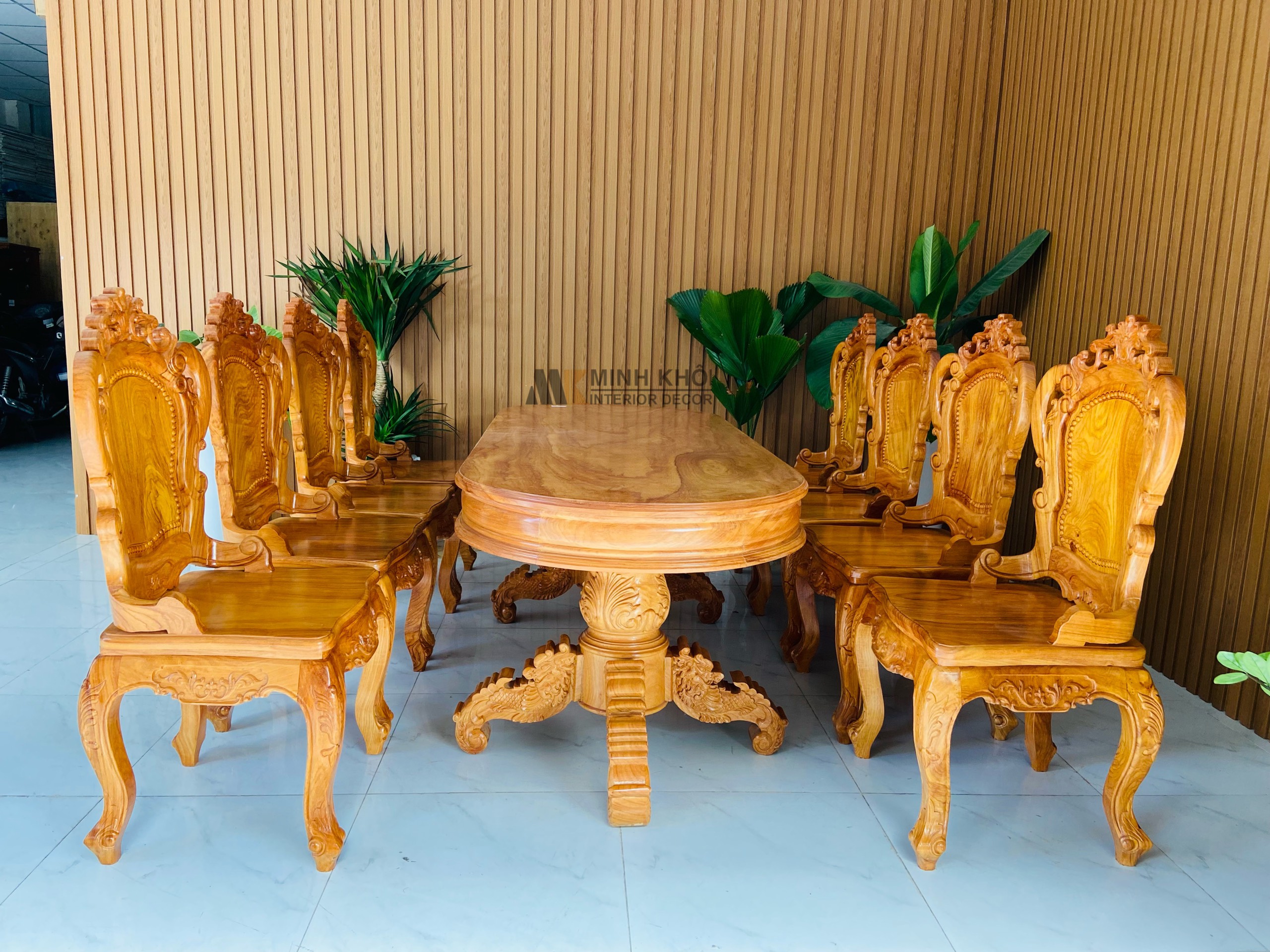 Bàn Ghế Ăn Gõ Đỏ Mặt Liền 8 Ghế Cao Cấp - BA1005