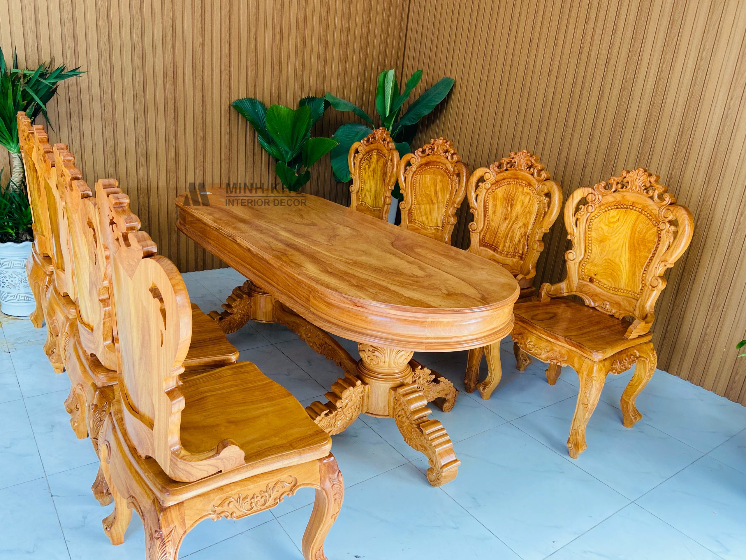 Bàn Ghế Ăn Gõ Đỏ Mặt Liền 8 Ghế Cao Cấp - BA1005