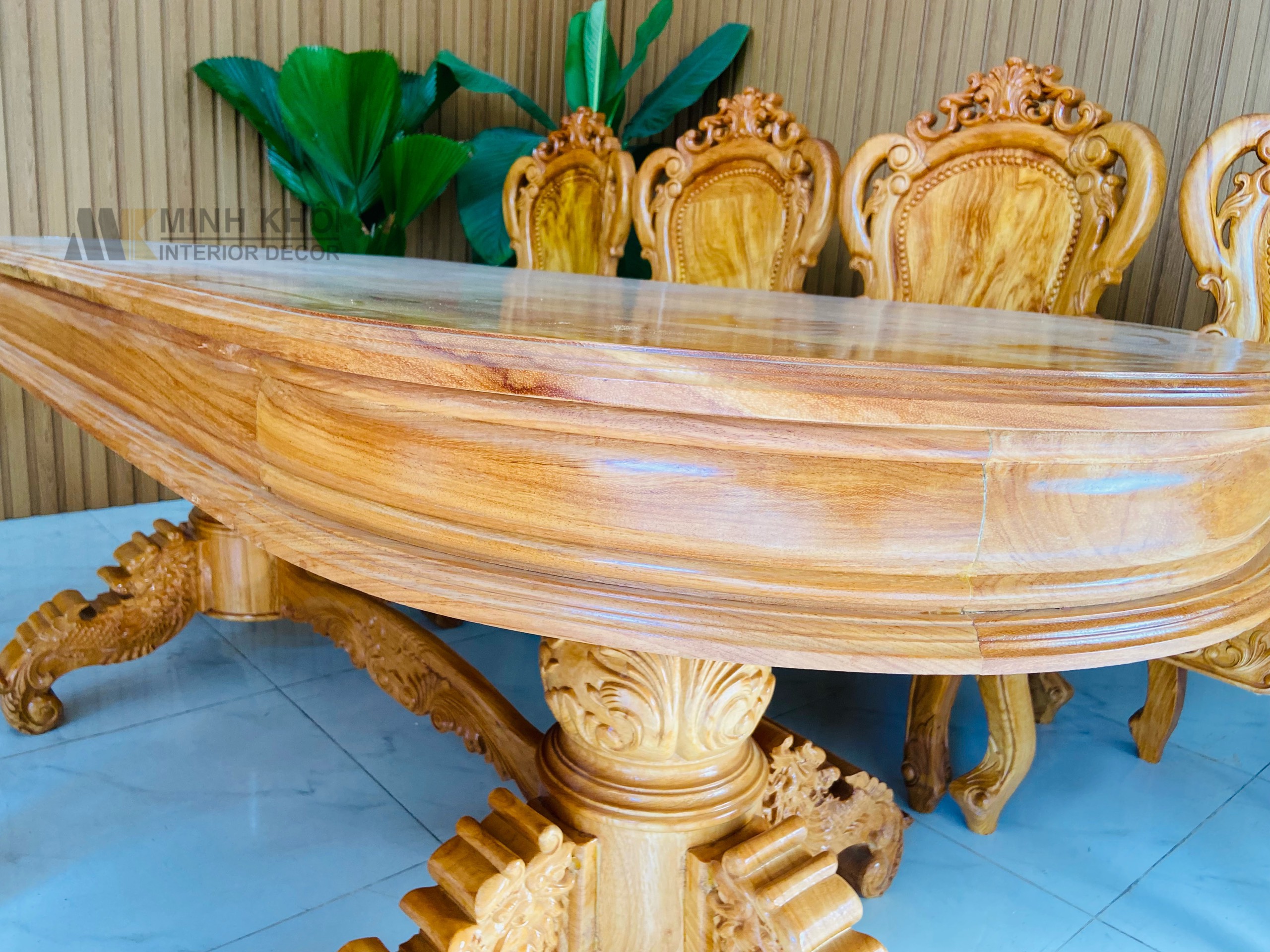 Bàn Ghế Ăn Gõ Đỏ Mặt Liền 8 Ghế Cao Cấp - BA1005