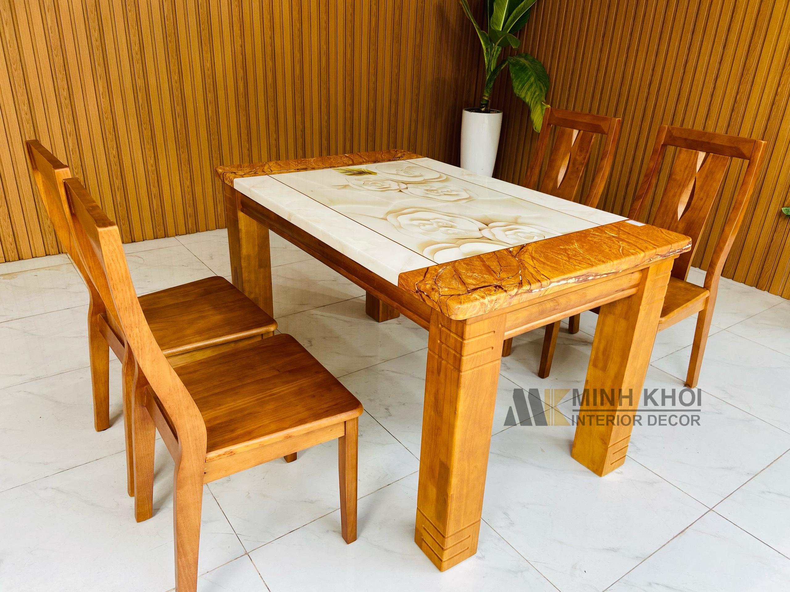 Bàn Ghế Ăn Gỗ Xoan Đào Mặt Đá 1m6 - BA1009