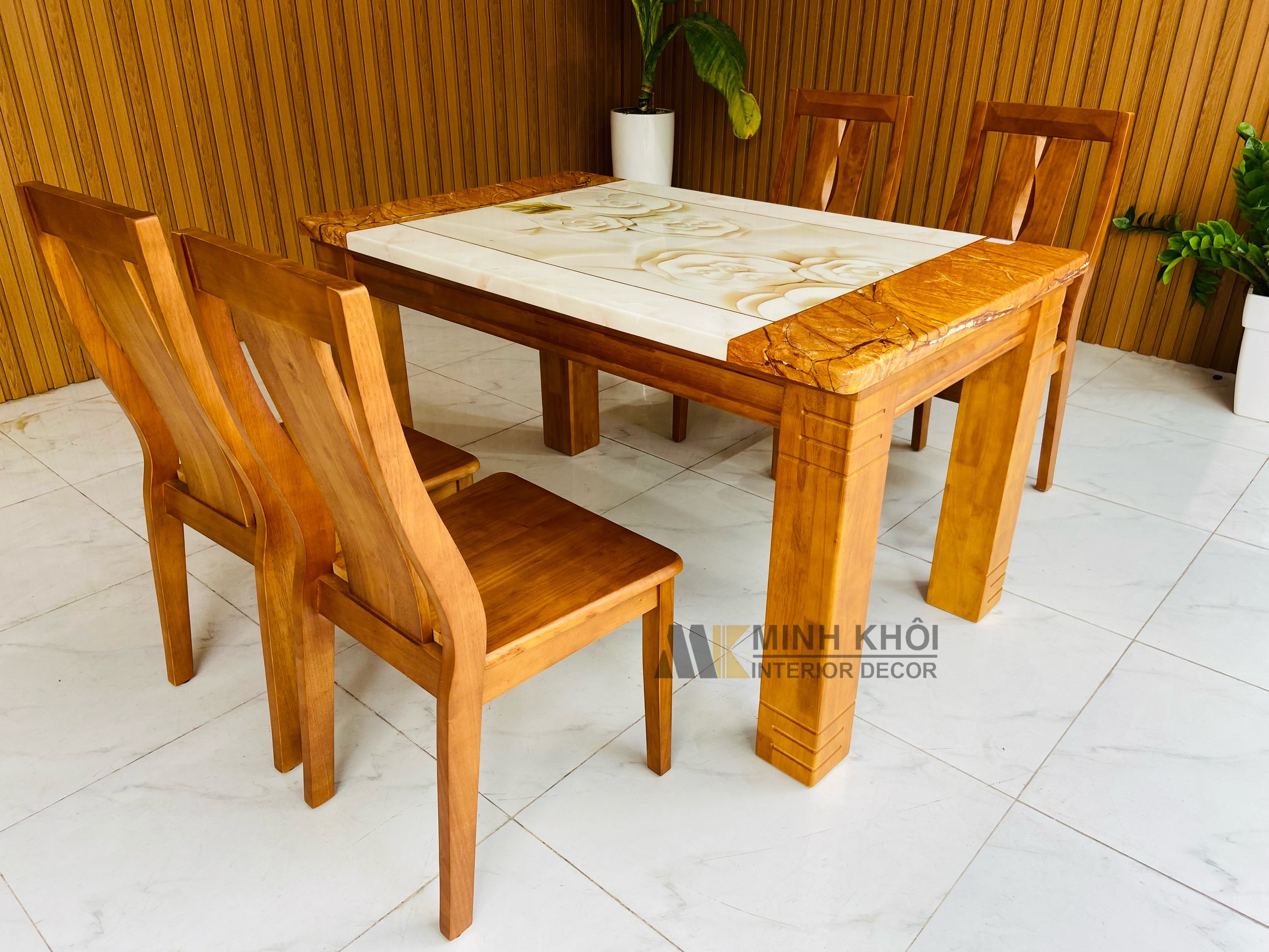 Bàn Ghế Ăn Gỗ Xoan Đào Mặt Đá 1m6 - BA1009