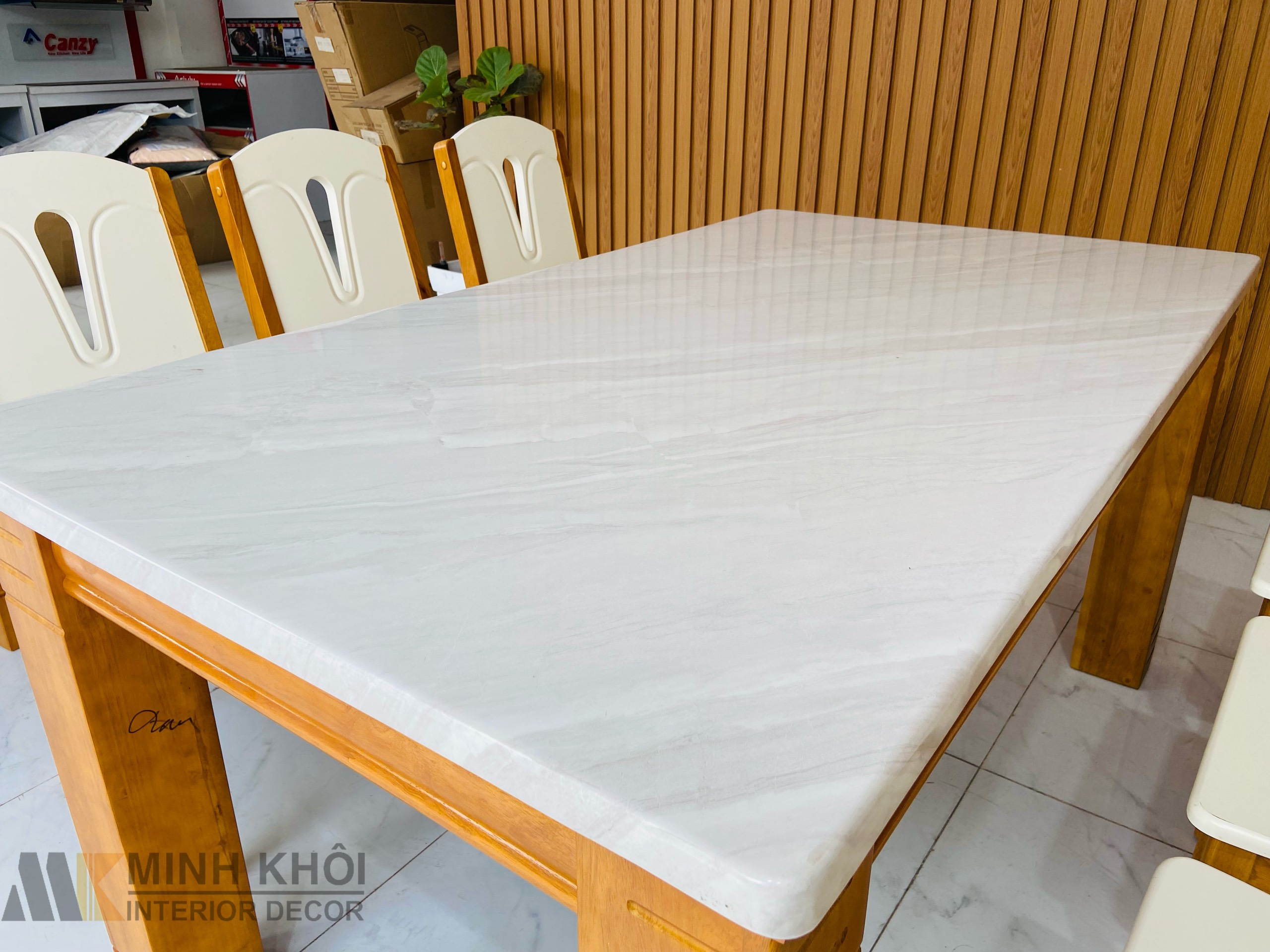 Bàn Ghế Ăn Gỗ Xoan Đào mặt đá 6 ghế màu trắng - BA222