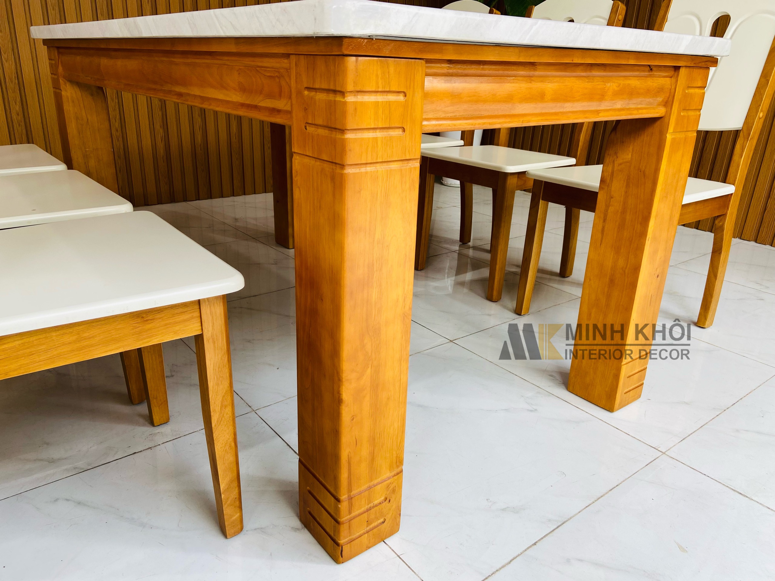 Bàn Ghế Ăn Gỗ Xoan Đào mặt đá 6 ghế màu trắng - BA222