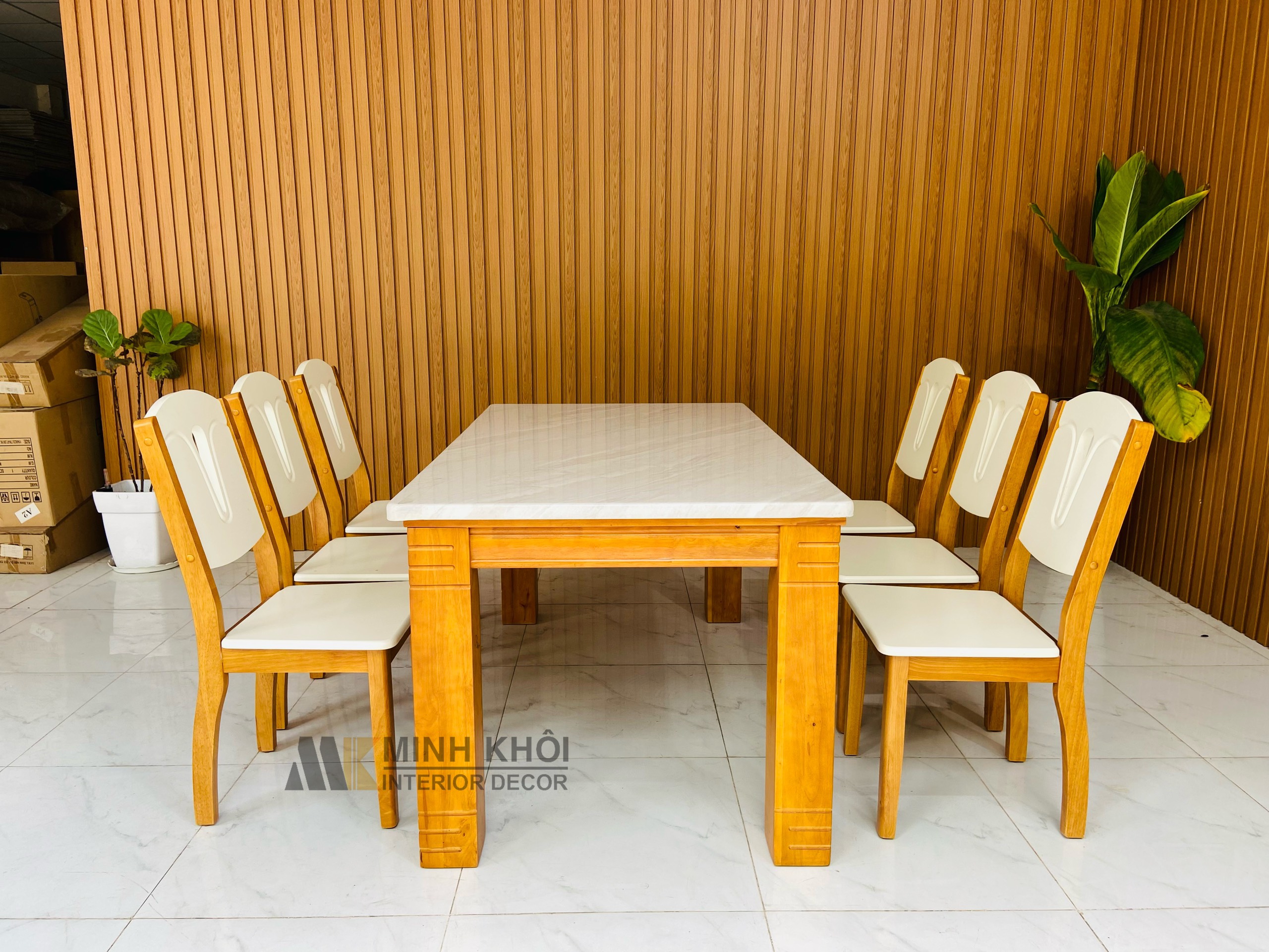 Bàn Ghế Ăn Gỗ Xoan Đào mặt đá 6 ghế màu trắng - BA222