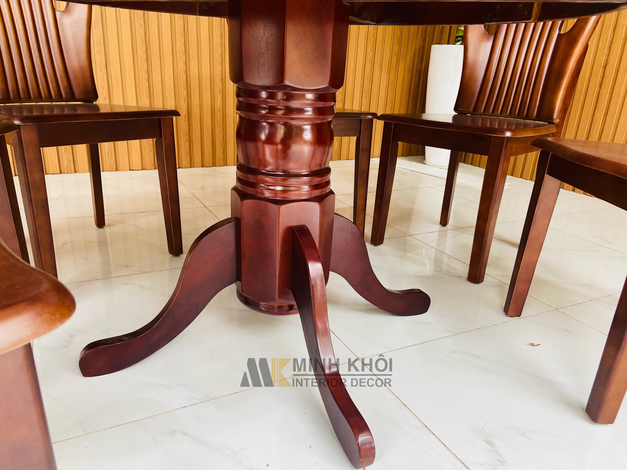 Bàn Ghế Ăn Gỗ Xoan Đào Mặt Đá Tròn, Mâm Xoay - BA1019