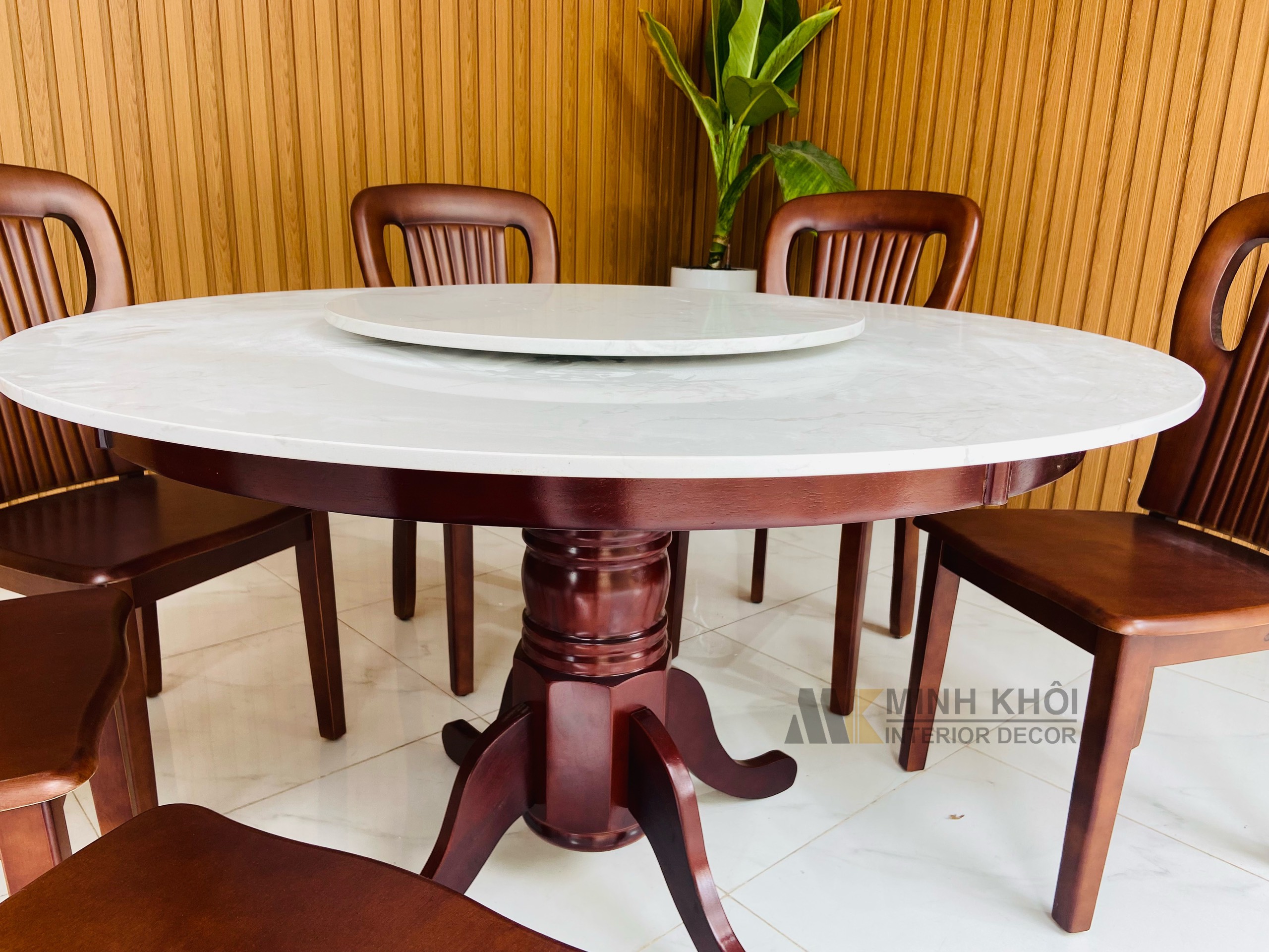 Bàn Ghế Ăn Gỗ Xoan Đào Mặt Đá Tròn, Mâm Xoay - BA1019