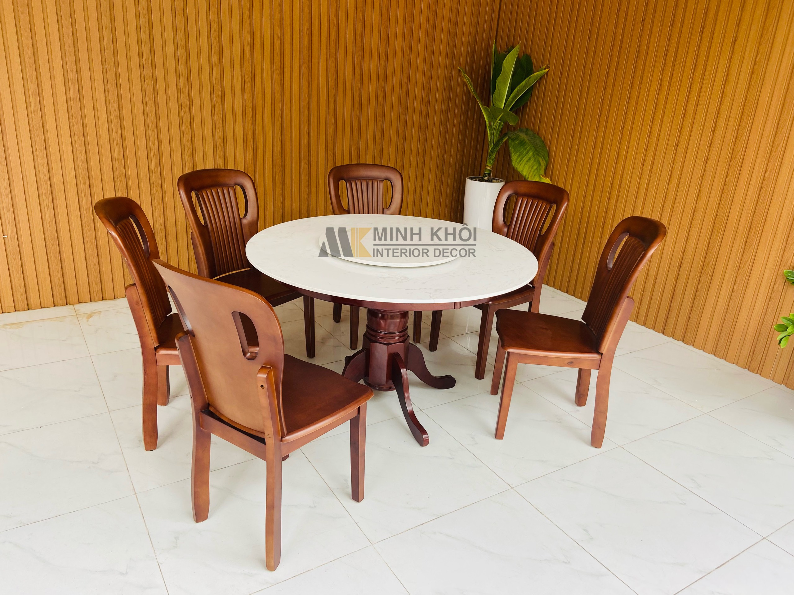 Bàn Ghế Ăn Gỗ Xoan Đào Mặt Đá Tròn, Mâm Xoay - BA1019