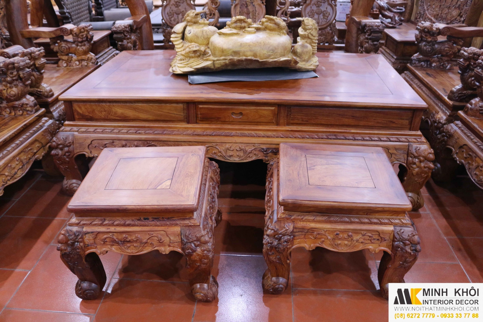 Bàn ghế phòng khách cao cấp gỗ cẩm lai chạm nghê tay 16 10 món
