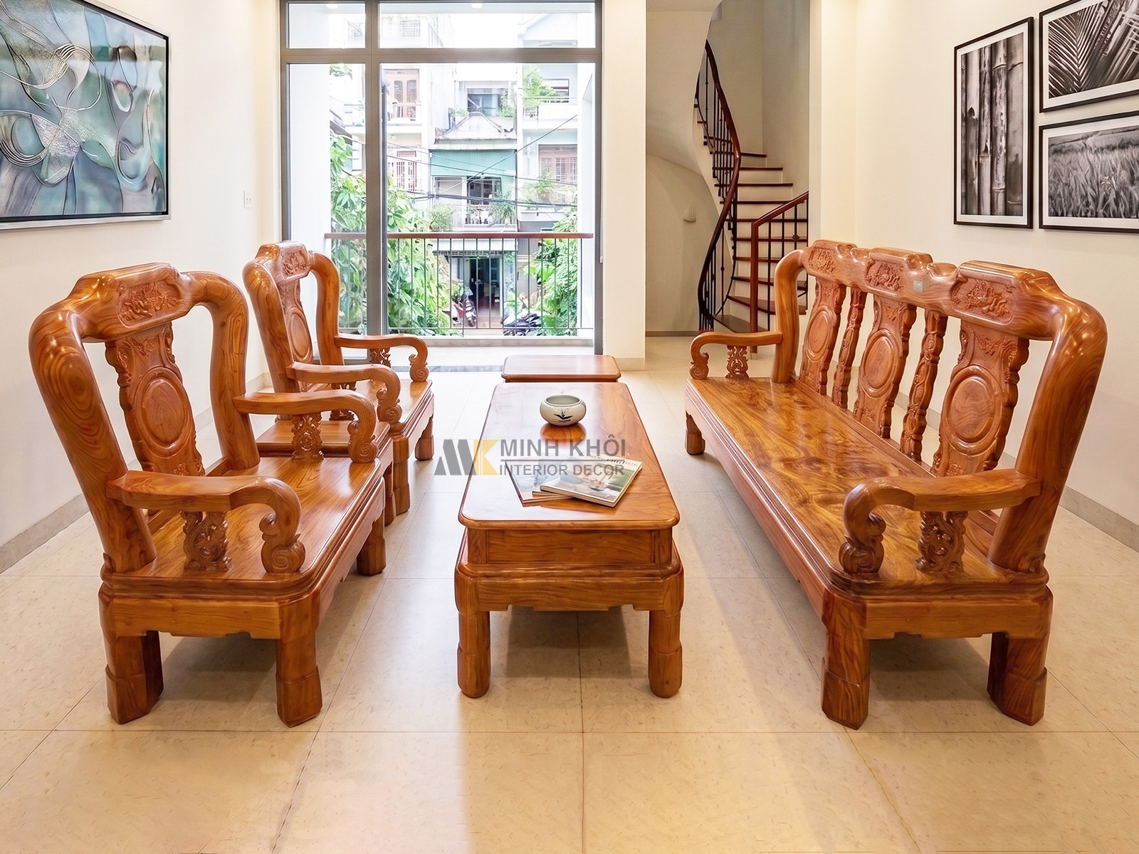 Bàn Ghế Salon Gỗ Hương Đá Tay 10 Chân Xoay - SL993