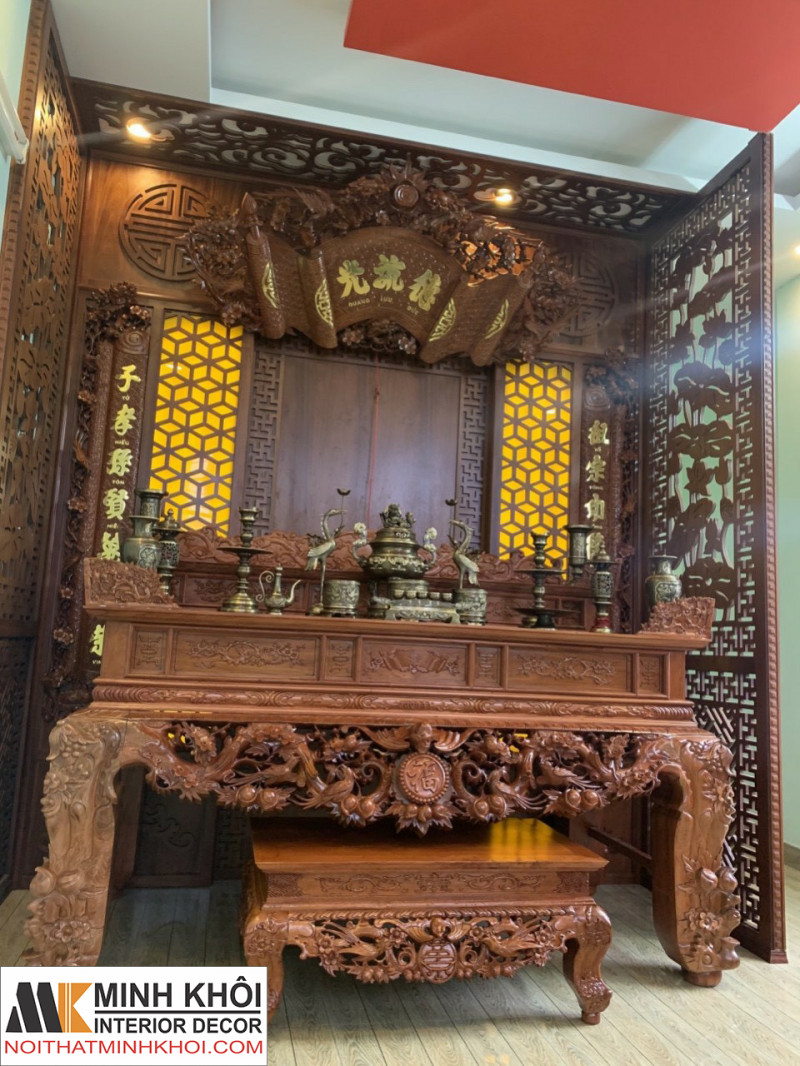 Bộ sập thờ và bộ hoành phi câu đối gõ đỏ - ST2001