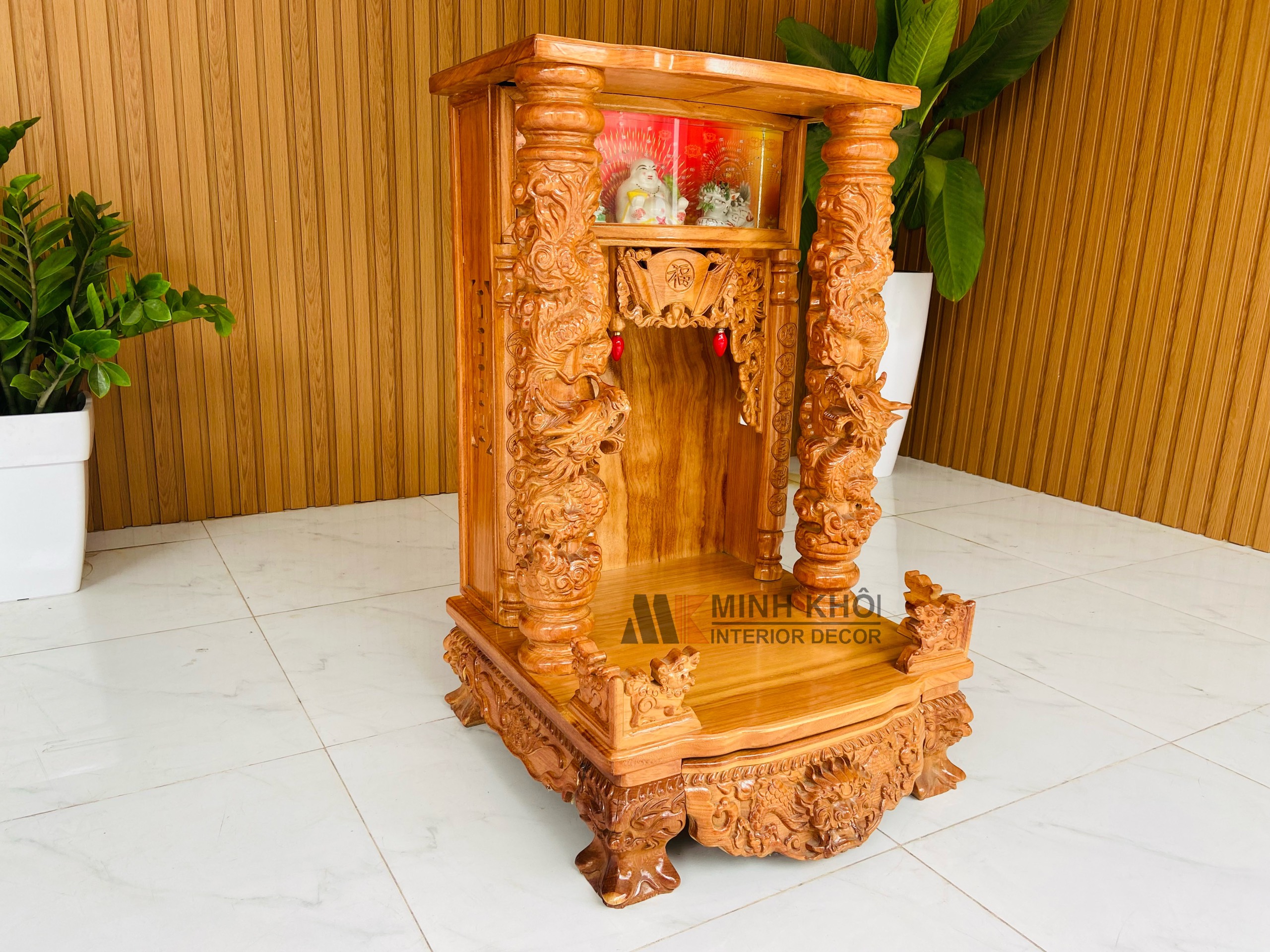 Bàn Thờ Ông Địa Gỗ gõ đỏ cột rồng -  BTTT910