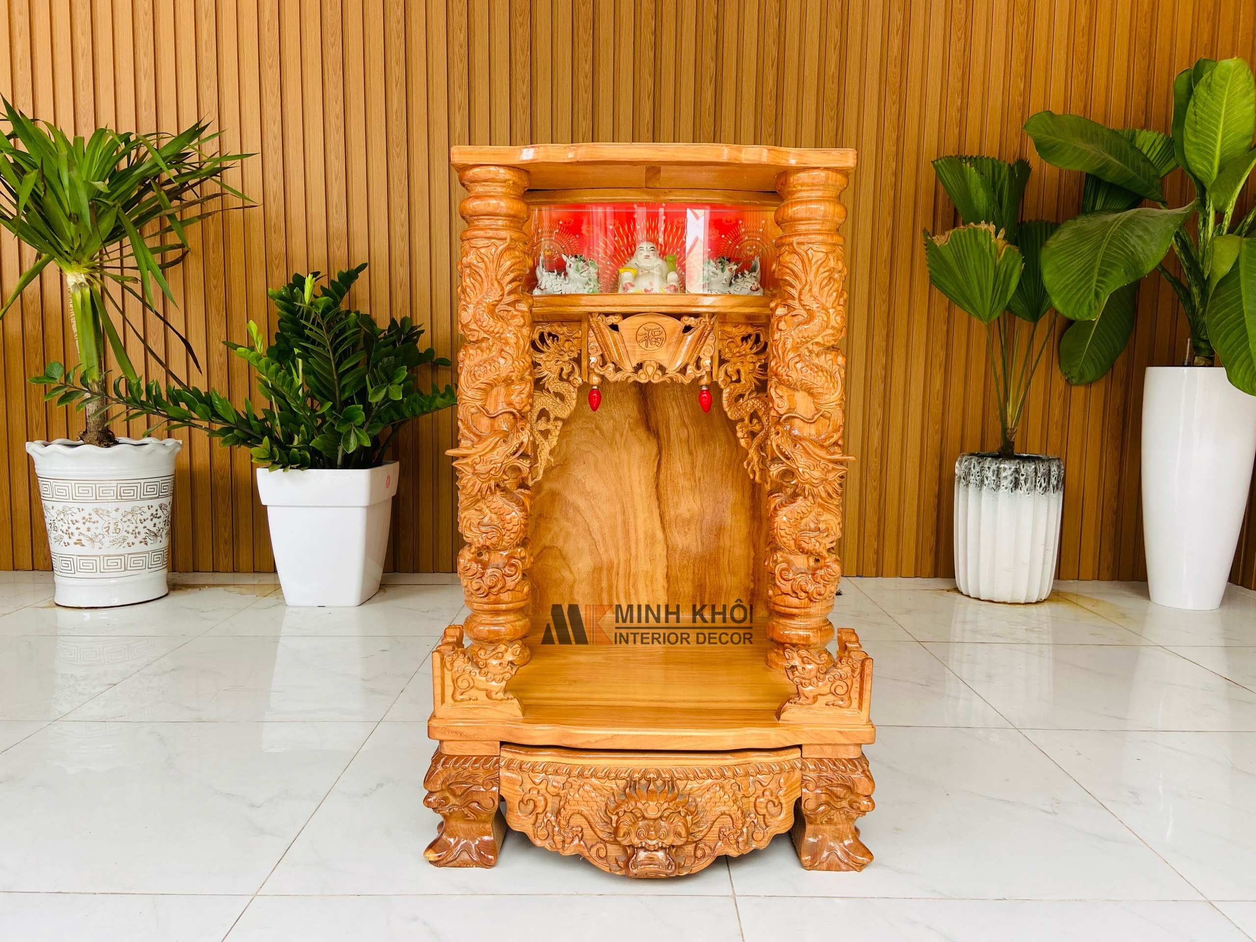 Bàn Thờ Ông Địa Gỗ gõ đỏ cột rồng -  BTTT910