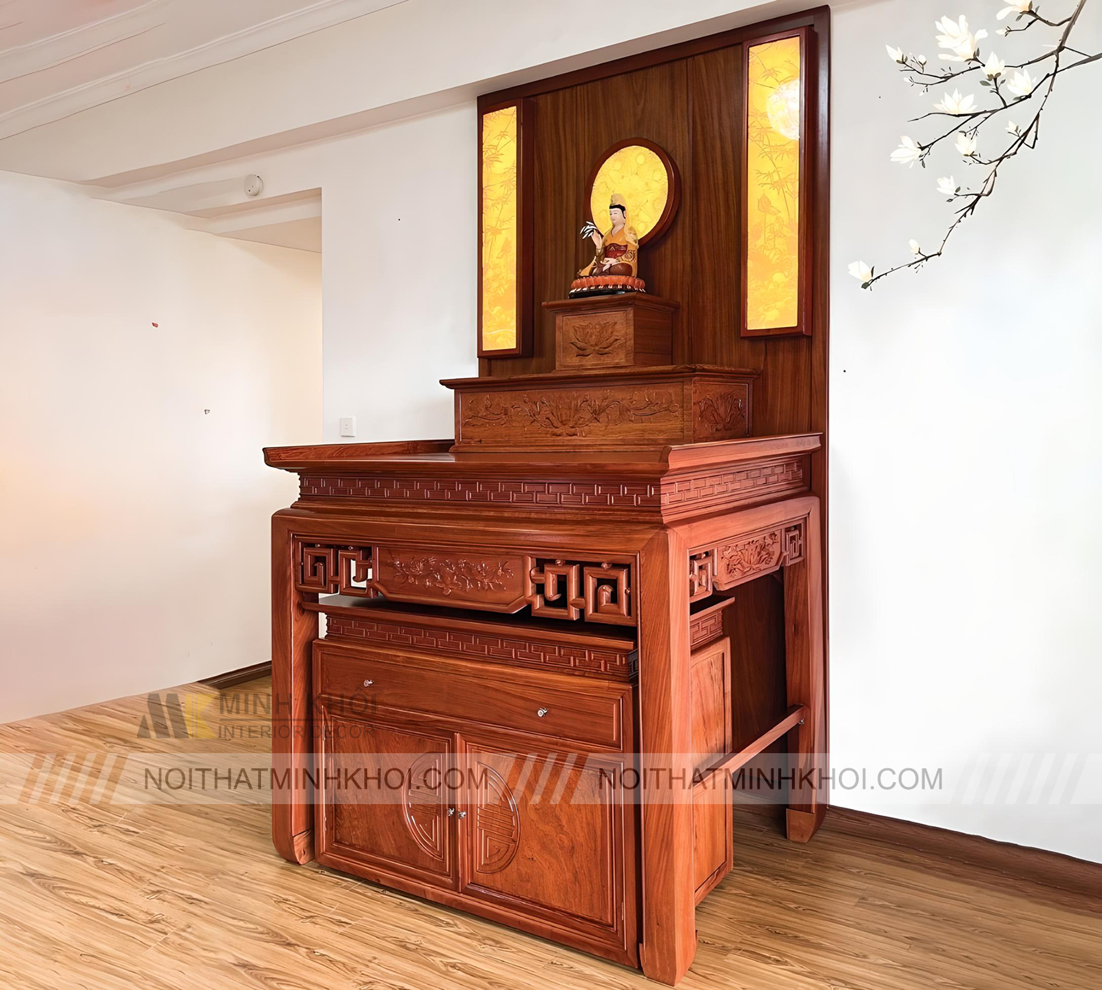 Bàn Thờ Phật Chạm Hoa Sen Kết Hợp Tủ Để Đồ - BT703