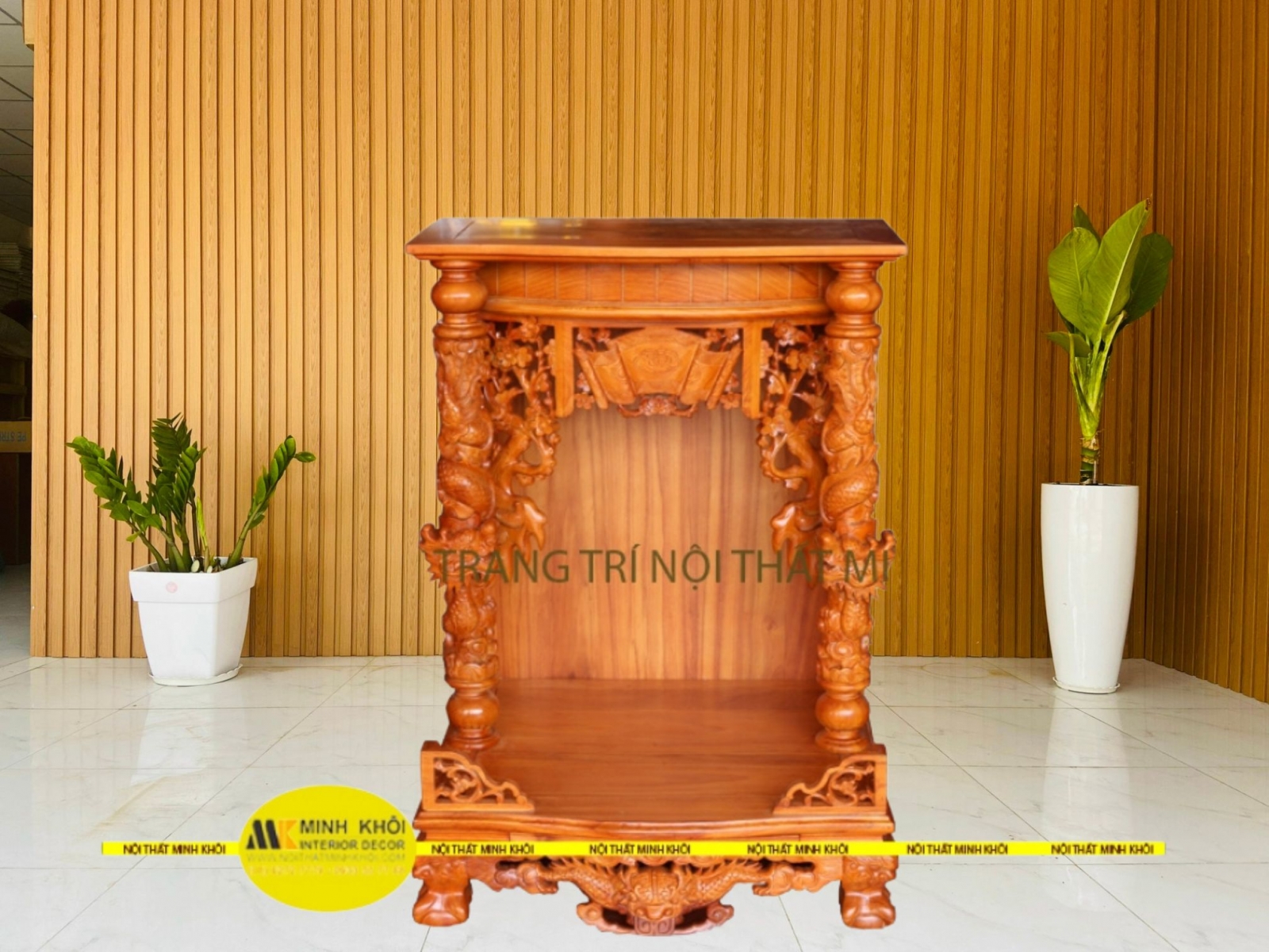 Bàn Thờ Thần Tài Đẹp Gõ Đỏ Cột Chạm Rồng - BTTT185