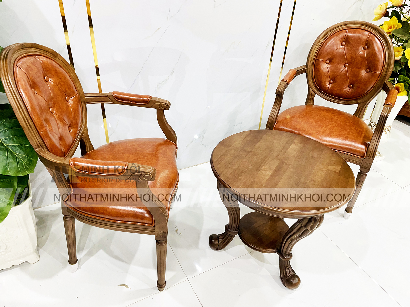 Bàn Trà Gỗ Sồi Màu Óc Chó 2 Ghế Bọc Da Cao Cấp - BTR206