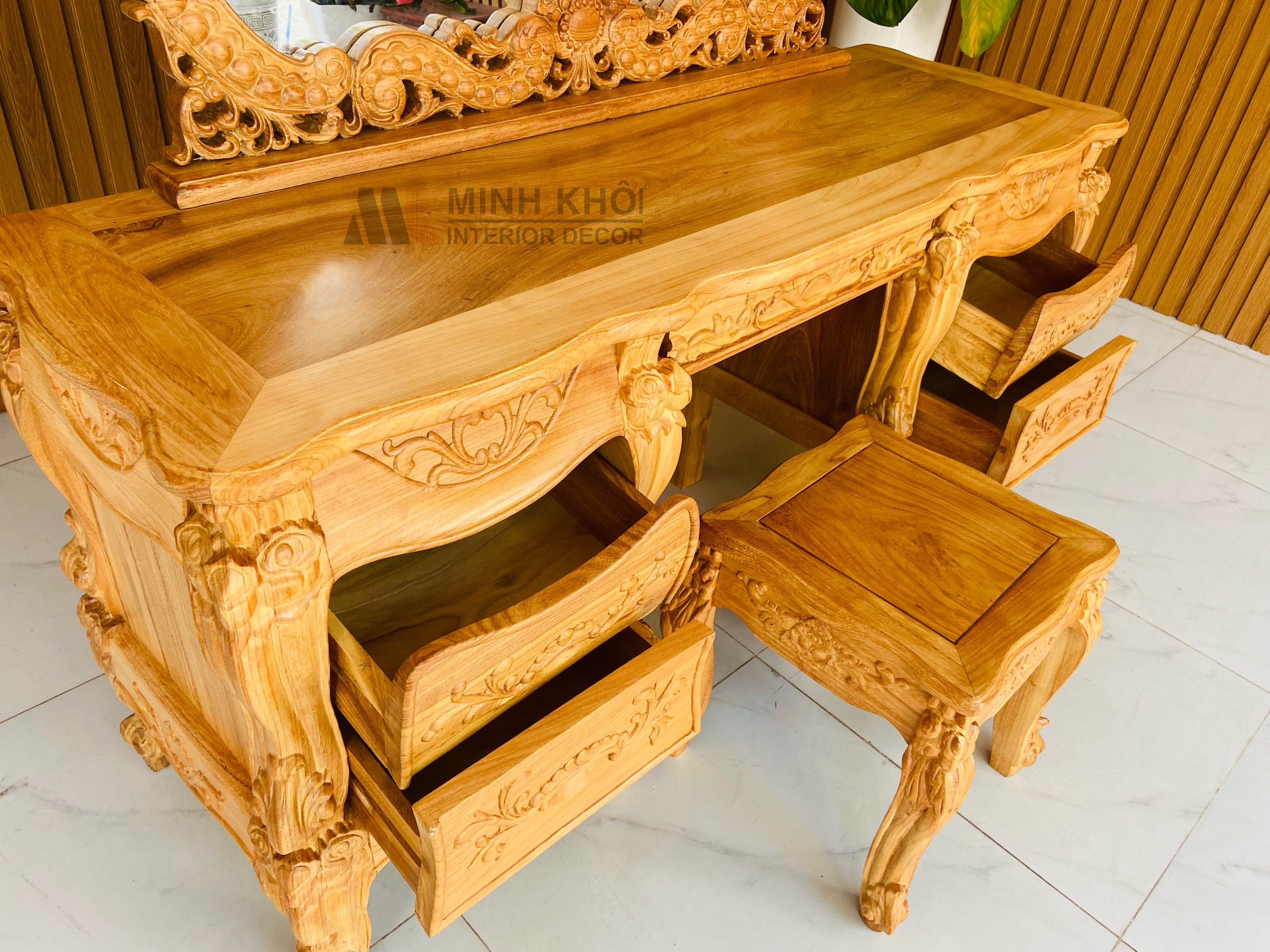 Bàn trang điểm gõ đỏ 1m4 cao cấp  - BTD1014