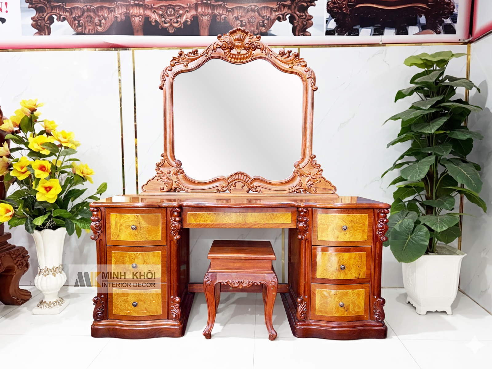 Bàn Trang Điểm Gỗ Gõ Đỏ Vân Nu Cao Cấp – BTD938
