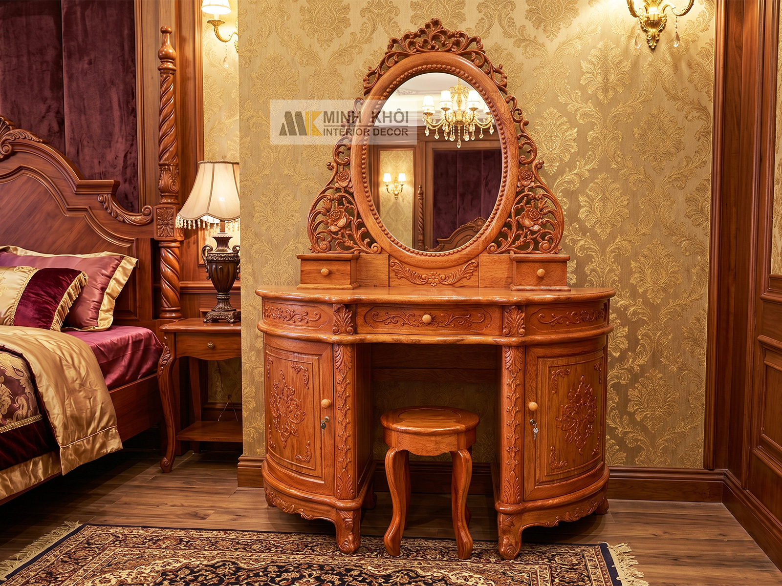 Bàn Trang Điểm Gỗ Hương Đá Cổ Điển Gương Oval - BTD936