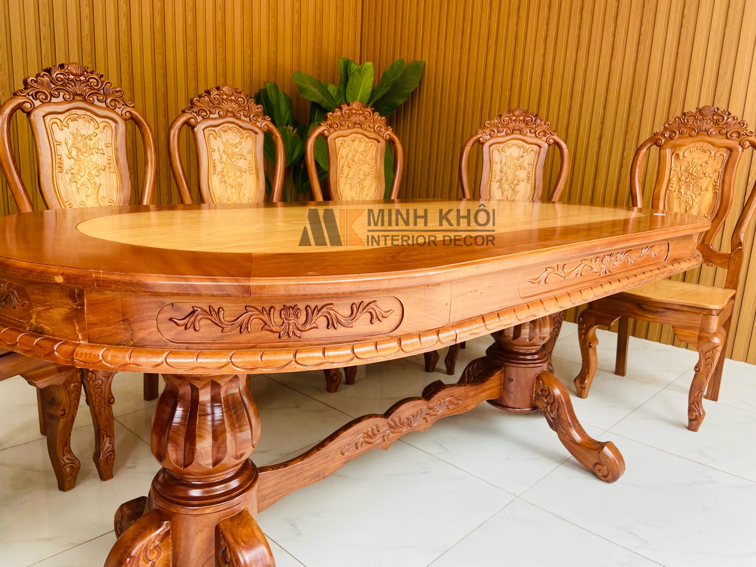 Bộ Bàn Ăn Gỗ Căm Xe 8 Ghế Bàn Oval - BA905