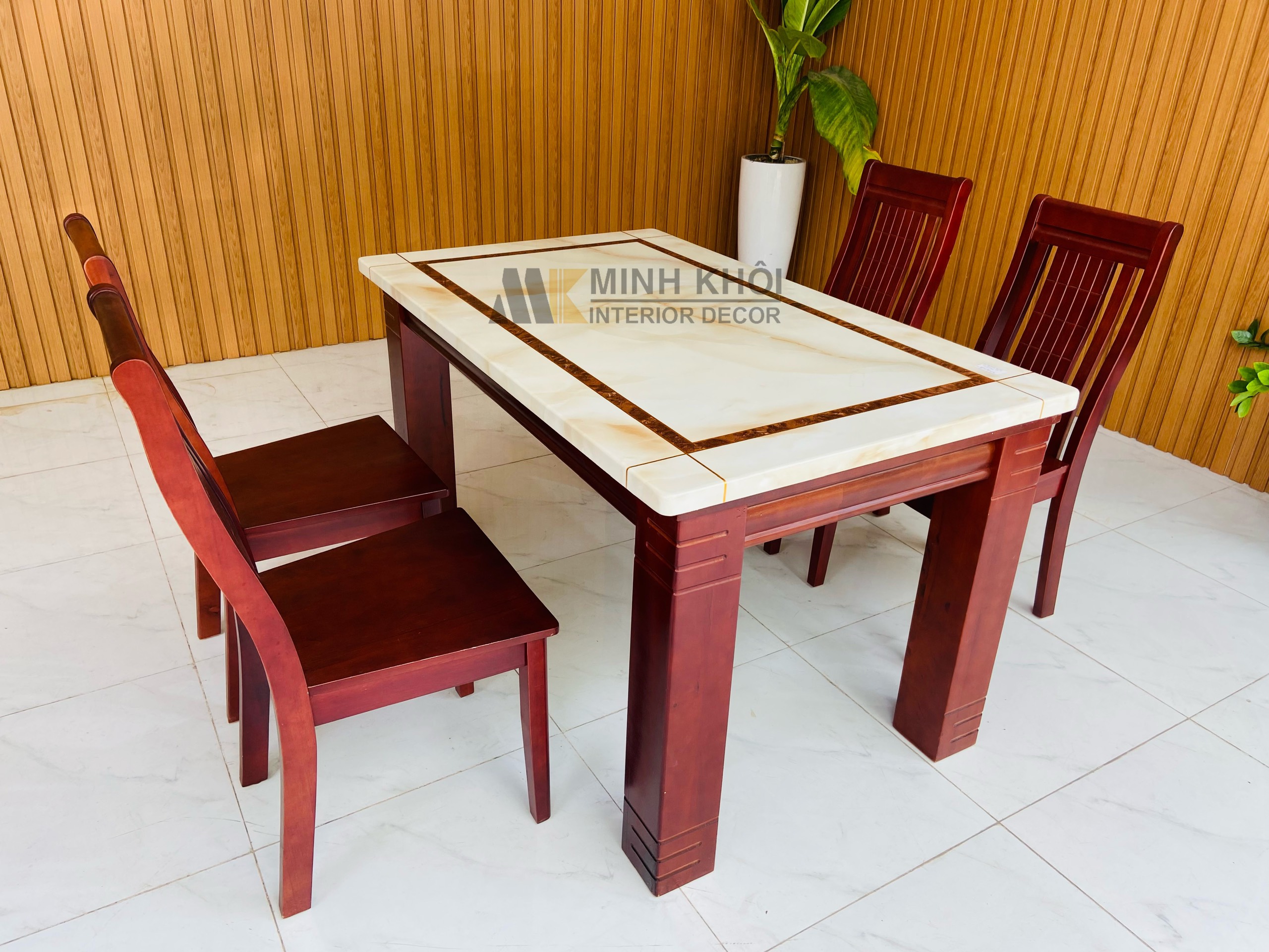 Bộ Bàn Ăn Gỗ Xoan Đào Mặt Đá 1m4- BA211