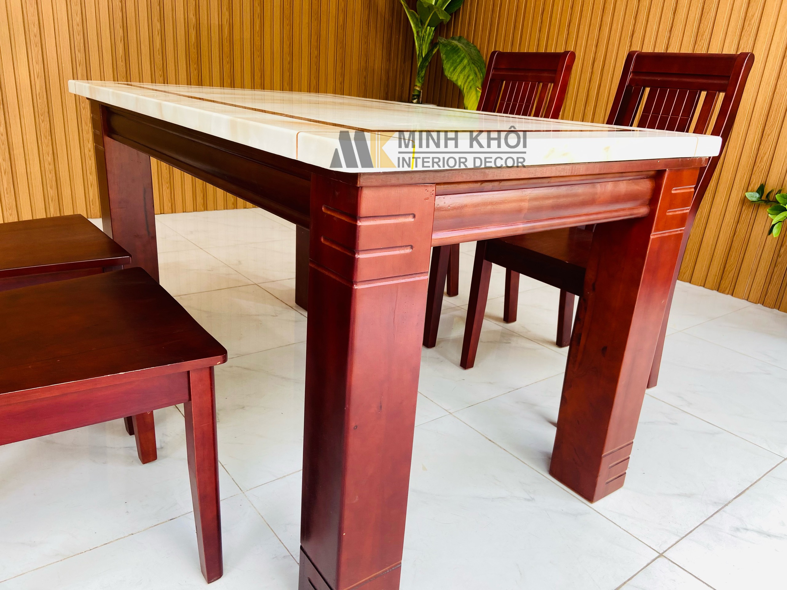 Bộ Bàn Ăn Gỗ Xoan Đào Mặt Đá 1m4- BA211