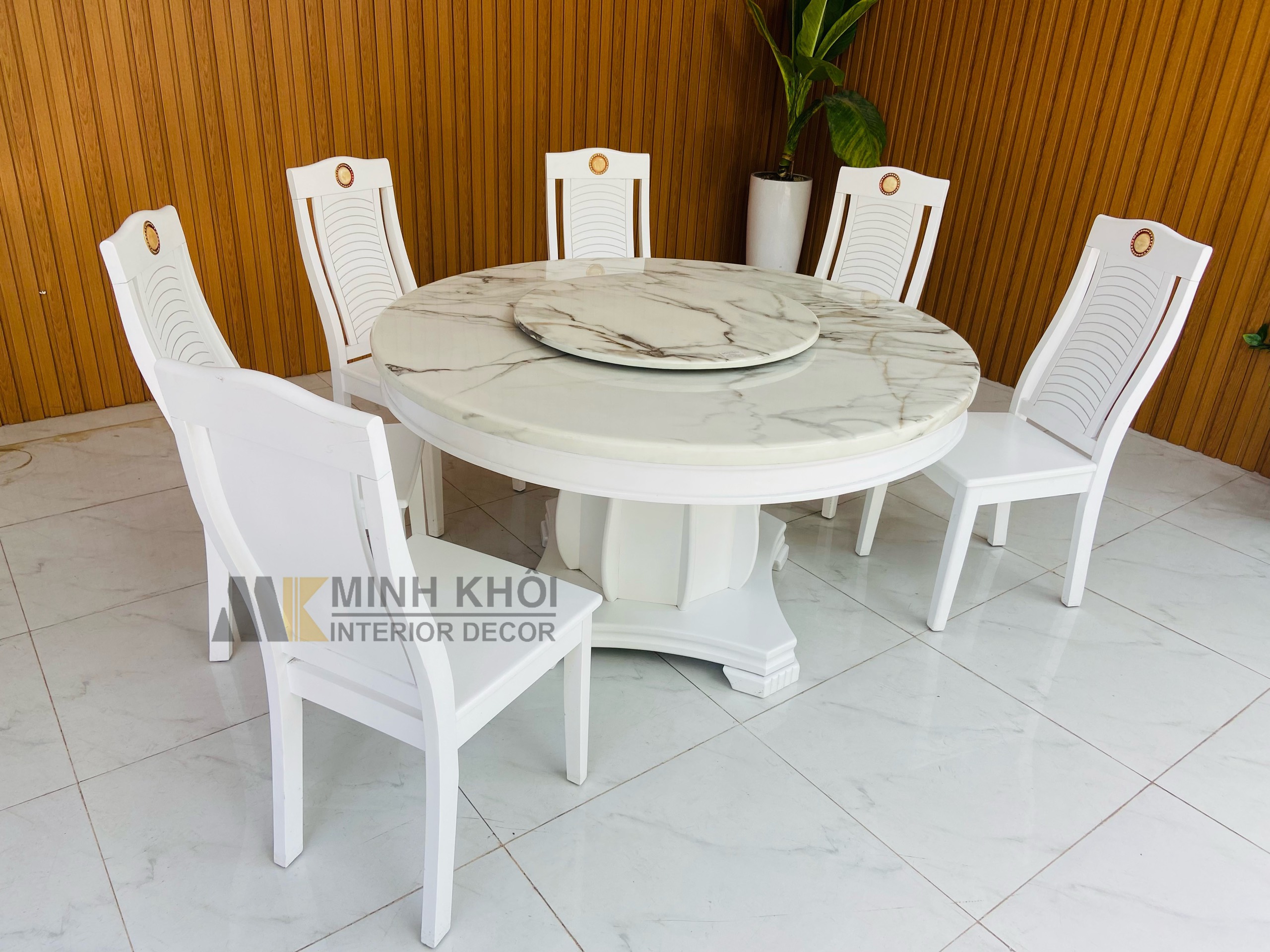 Bộ Bàn Ăn Gỗ Xoan Đào Tròn, 6 Ghế Cẩn Đá - BA219