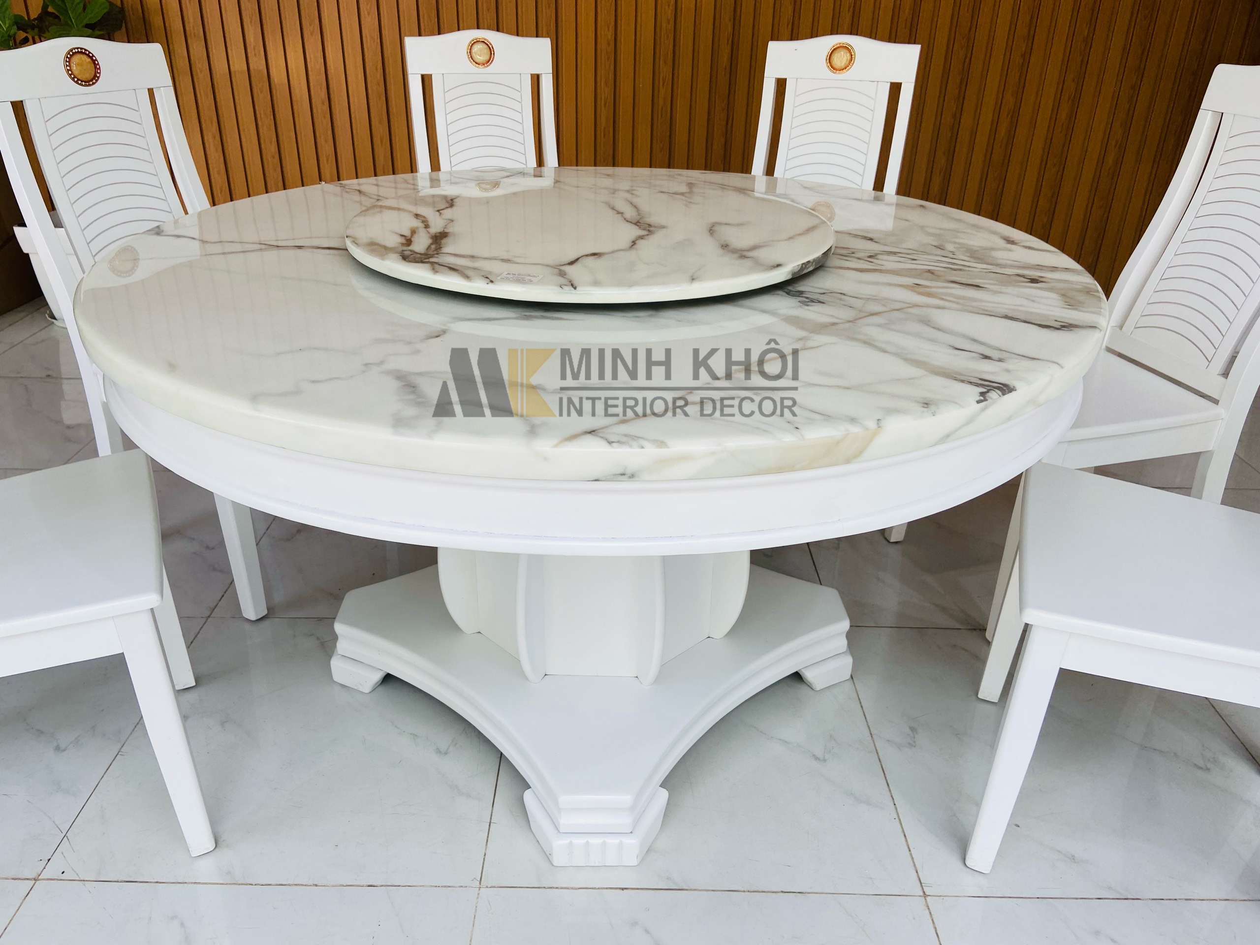 Bộ Bàn Ăn Gỗ Xoan Đào Tròn, 6 Ghế Cẩn Đá - BA219