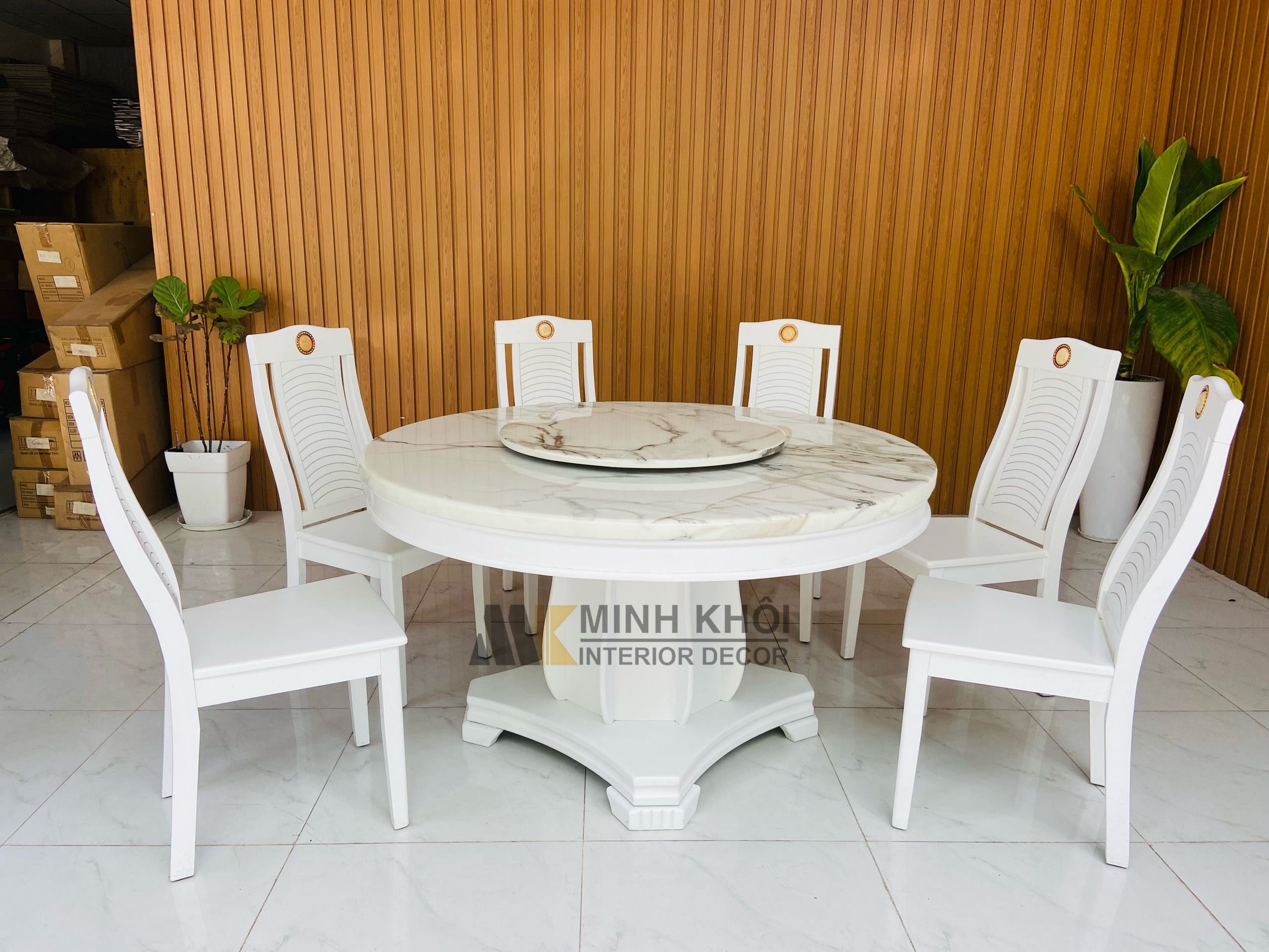 Bộ Bàn Ăn Gỗ Xoan Đào Tròn, 6 Ghế Cẩn Đá - BA219