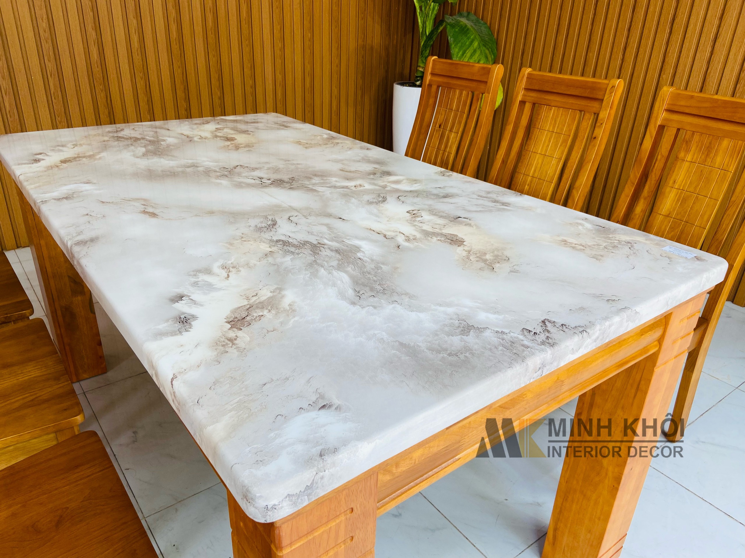 Bộ Bàn Ghế Ăn Gỗ Xoan Đào Mặt Đá Mẫu Mới 6 Ghế 1m6 BA1004