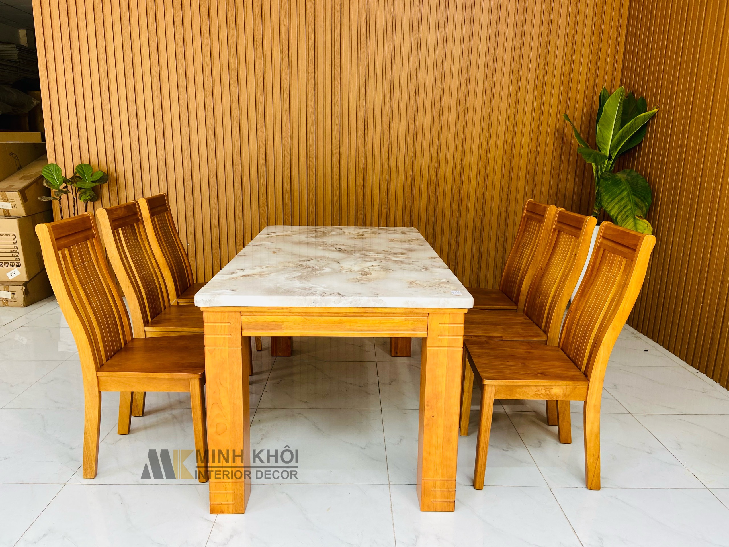 Bộ Bàn Ghế Ăn Gỗ Xoan Đào Mặt Đá Mẫu Mới 6 Ghế 1m6 BA1004