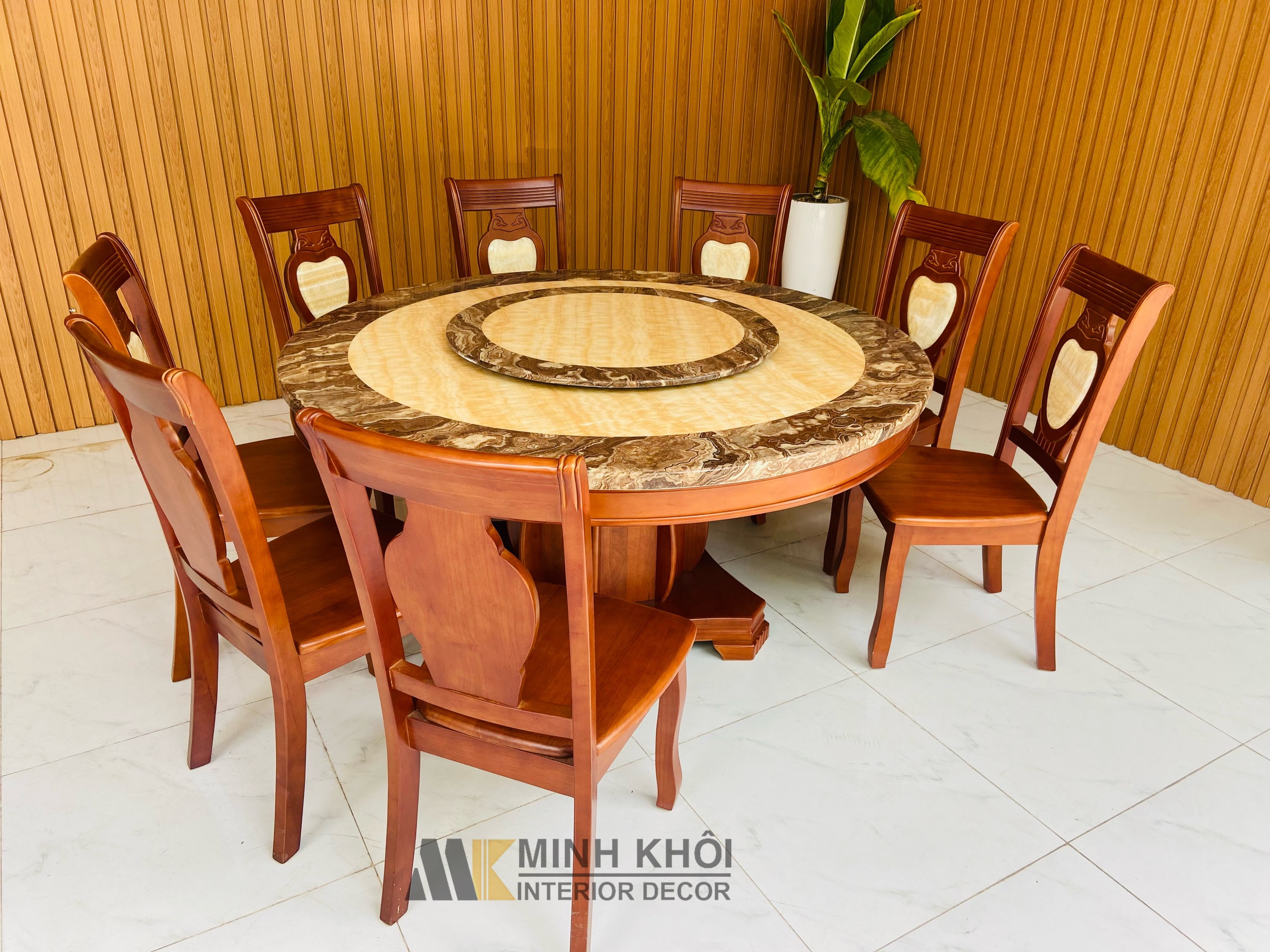 Bộ Bàn ăn Mặt Đá Mâm xoay, Ghế Cẩn Đá - BA232