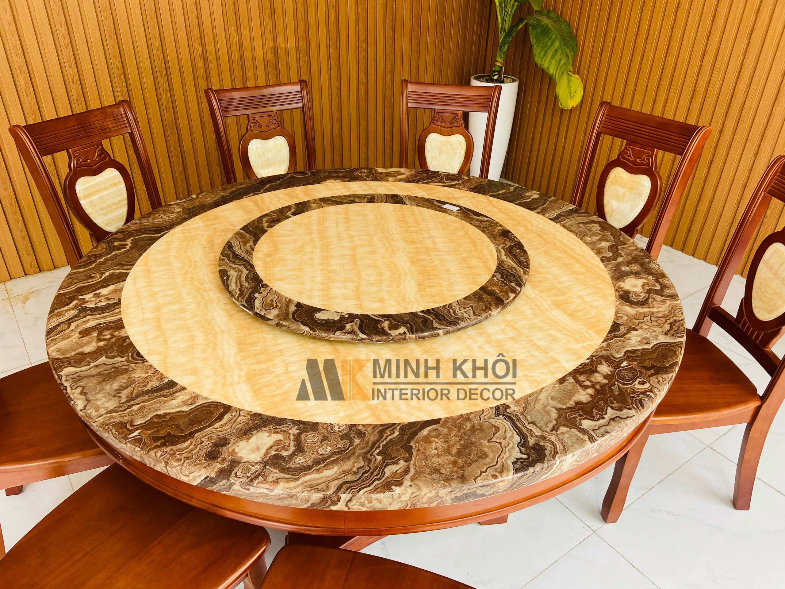 Bộ Bàn ăn Mặt Đá Mâm xoay, Ghế Cẩn Đá - BA232