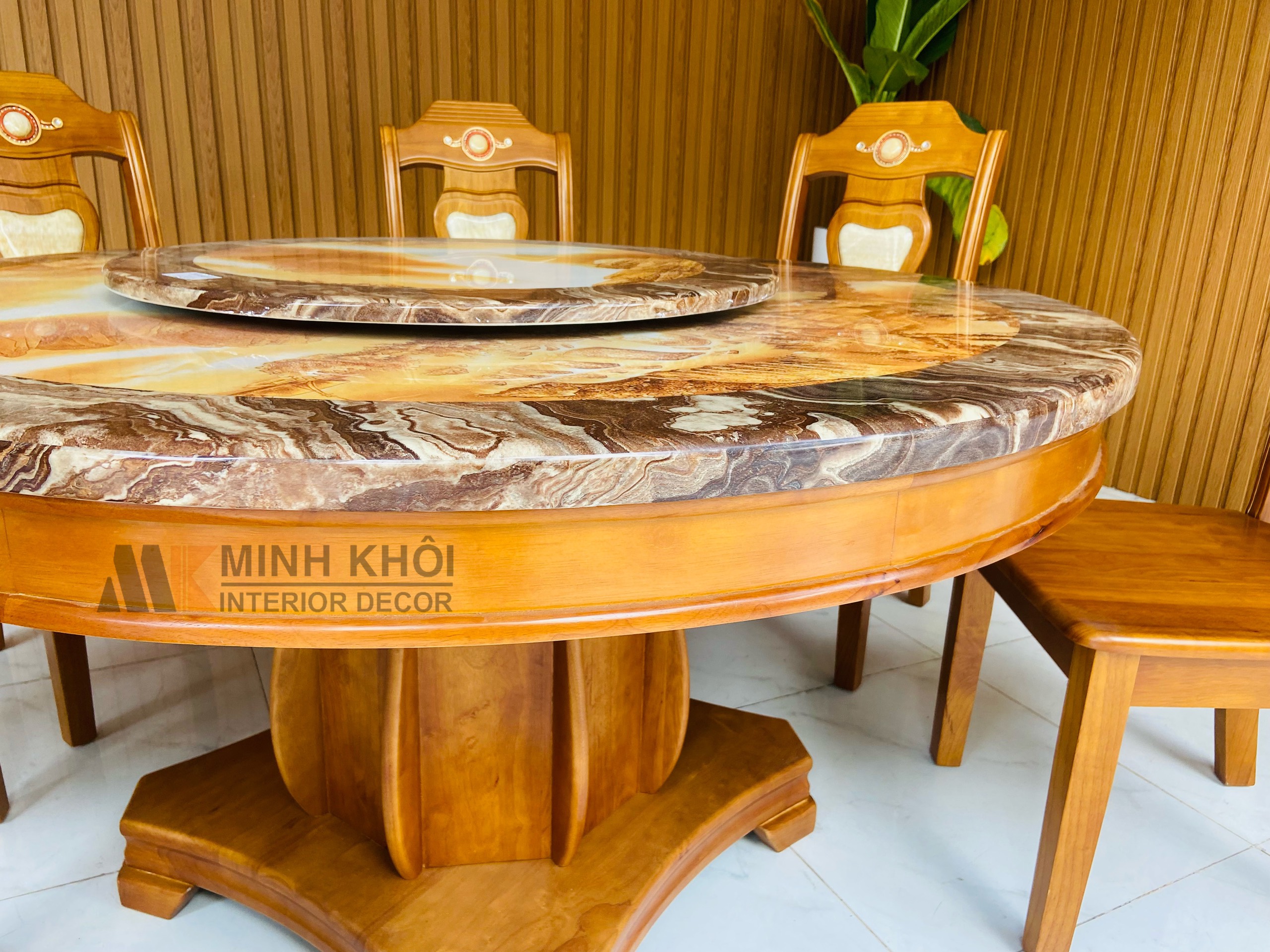 Bộ Bàn Ăn Mặt Tròn Gỗ Xoan Đào 6 Ghế Cẩn Đá - BA910