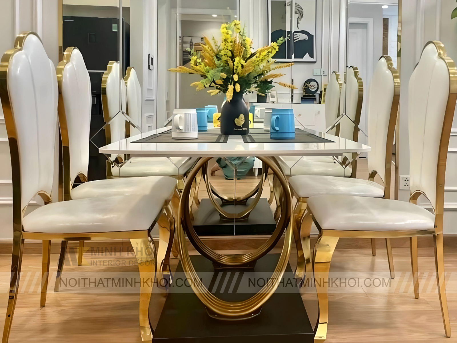 Bộ Bàn Ăn Tân Cổ Điển Ghế Hoa Mai Mạ Vàng - BA250